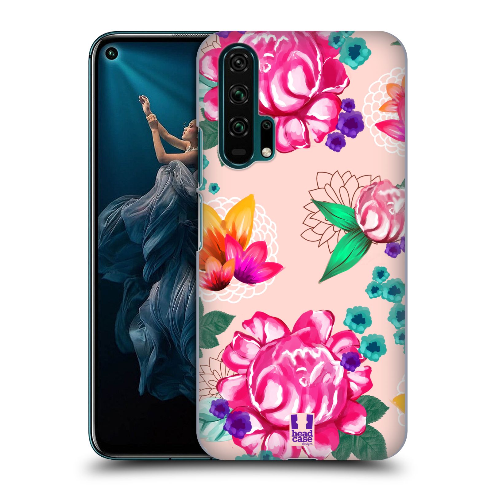 Pouzdro na mobil Honor 20 PRO - HEAD CASE - vzor Malované květiny barevné SVĚTLE RŮŽOVÁ