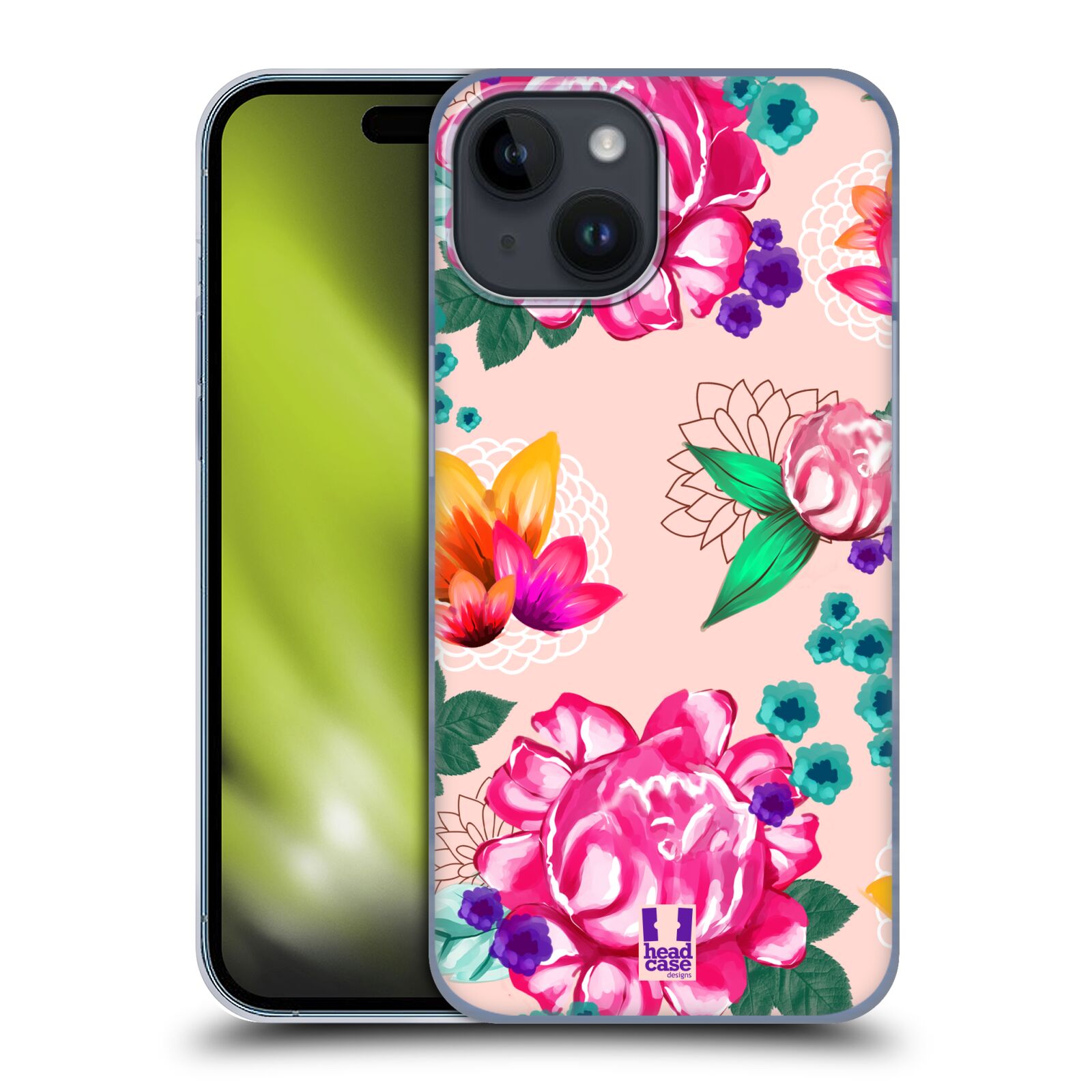 Plastový obal HEAD CASE na mobil Apple Iphone 15 vzor Malované květiny barevné SVĚTLE RŮŽOVÁ