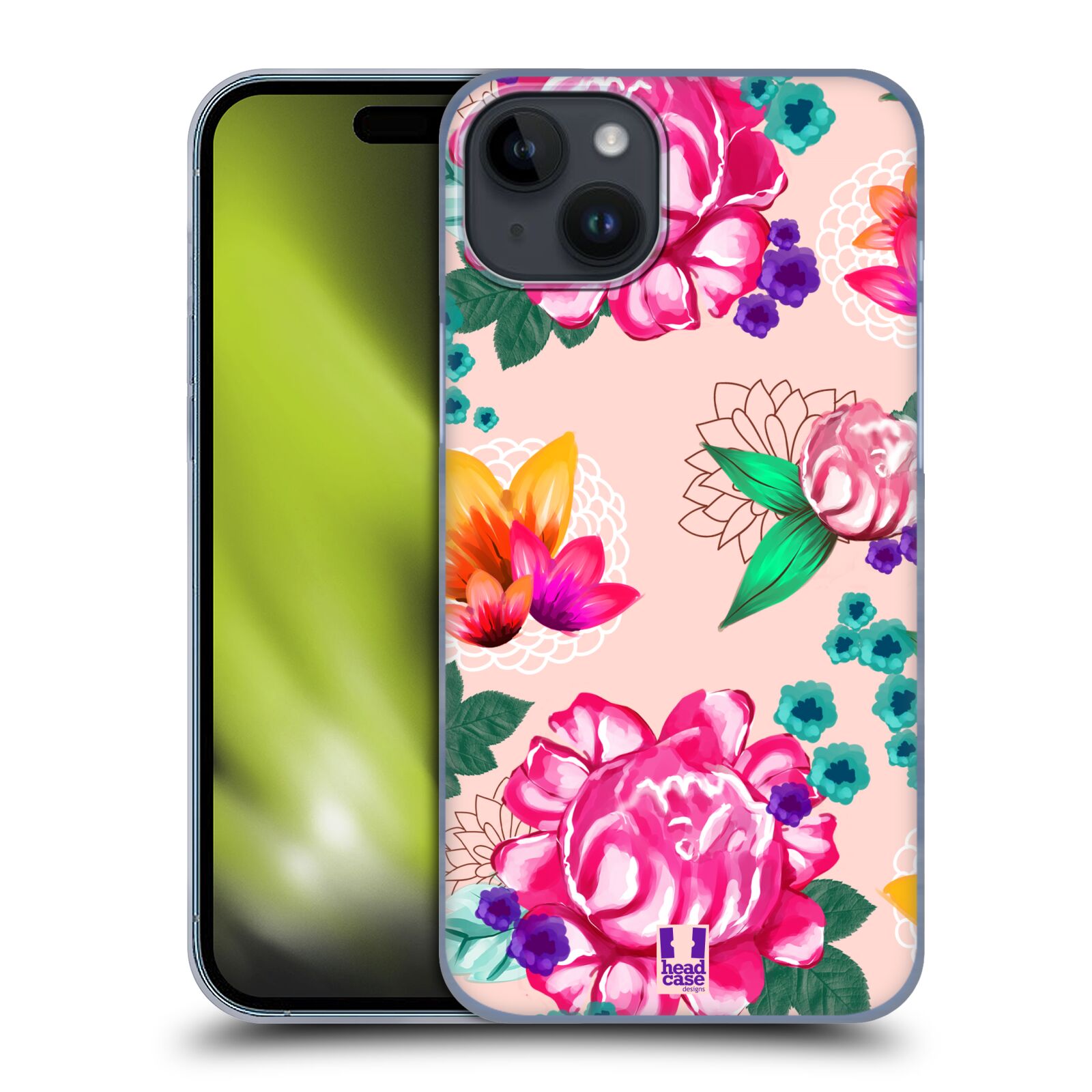 Plastový obal HEAD CASE na mobil Apple Iphone 15 PLUS vzor Malované květiny barevné SVĚTLE RŮŽOVÁ