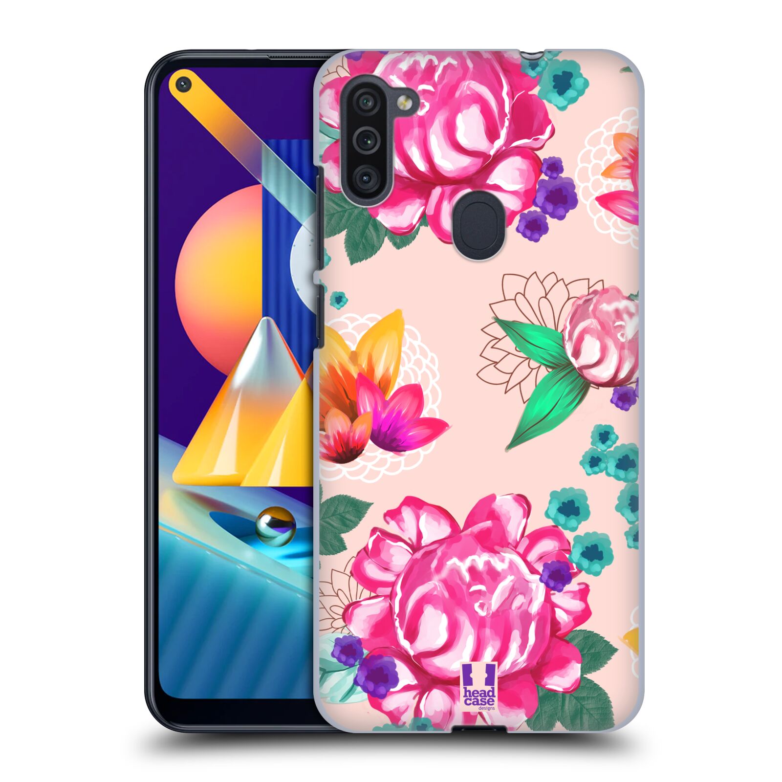 Plastový obal HEAD CASE na mobil Samsung Galaxy M11 vzor Malované květiny barevné SVĚTLE RŮŽOVÁ