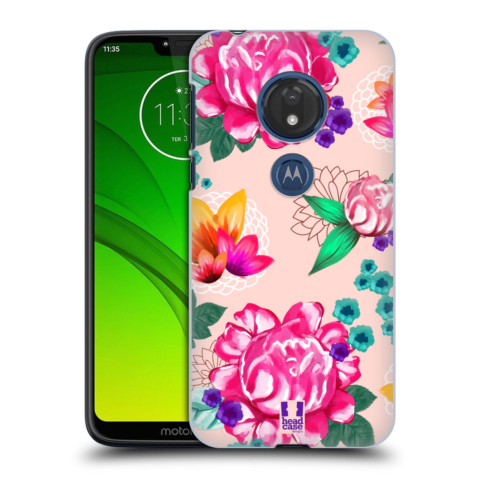 Pouzdro na mobil Motorola Moto G7 Play vzor Malované květiny barevné SVĚTLE RŮŽOVÁ