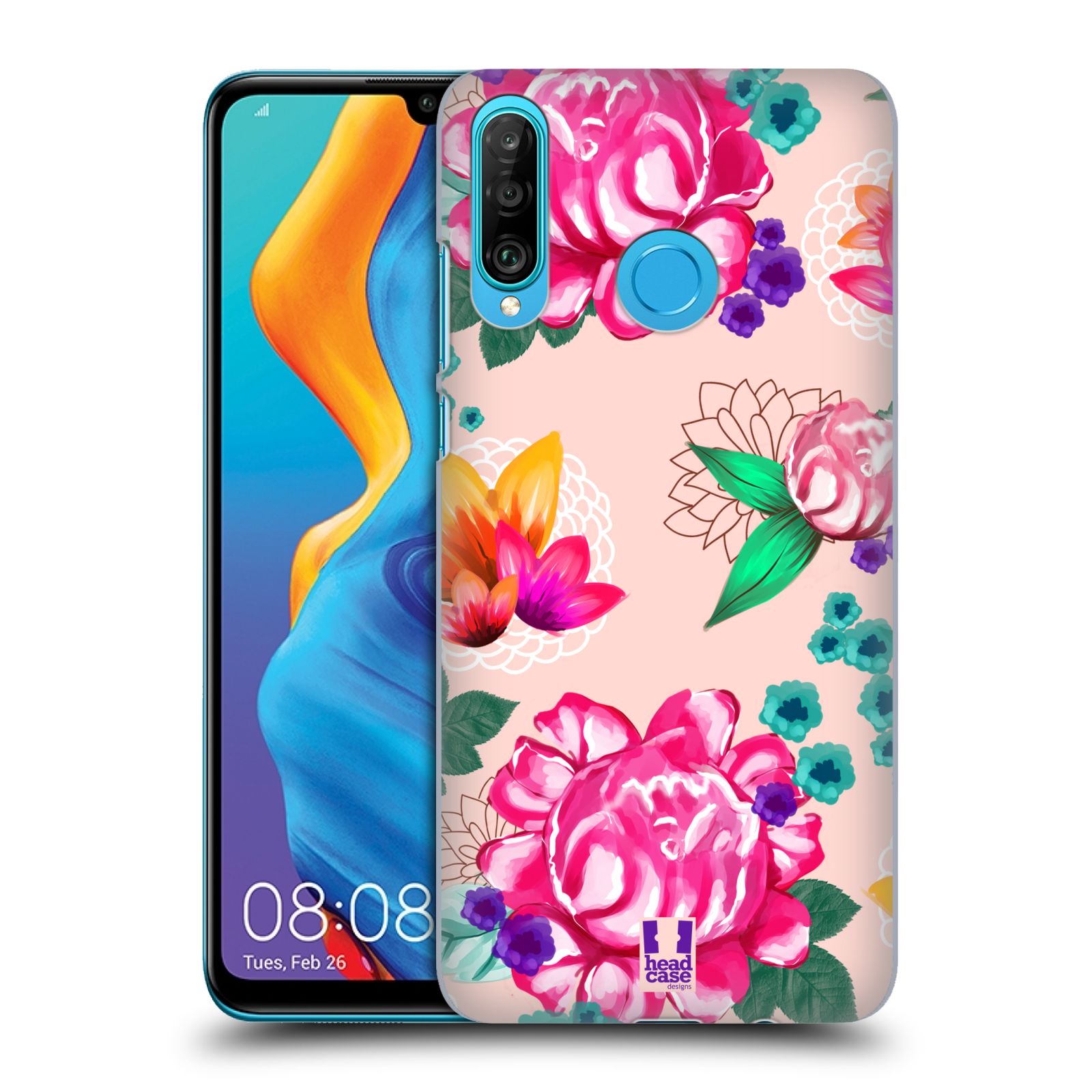 Pouzdro na mobil Huawei P30 LITE - HEAD CASE - vzor Malované květiny barevné SVĚTLE RŮŽOVÁ