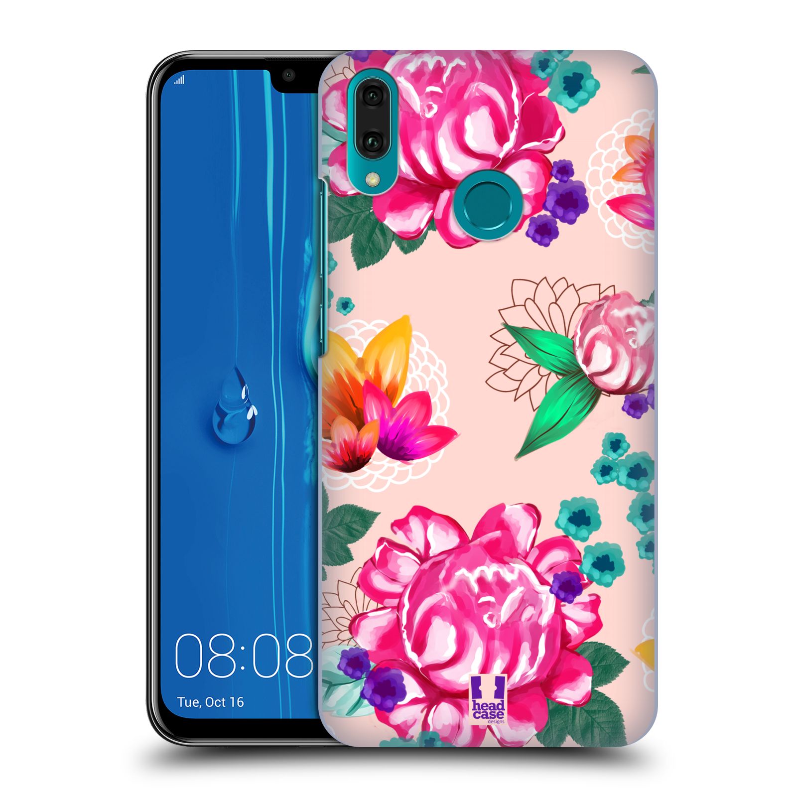 Pouzdro na mobil Huawei Y9 2019 - HEAD CASE - vzor Malované květiny barevné SVĚTLE RŮŽOVÁ