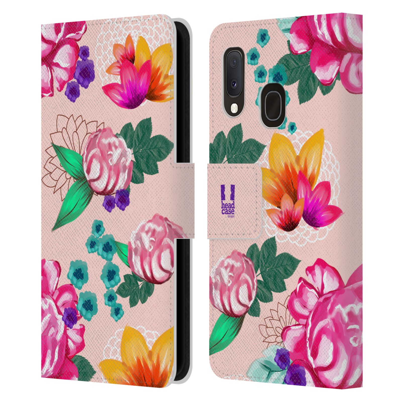 Pouzdro na mobil Samsung Galaxy A20e barevné kreslené květiny růžová