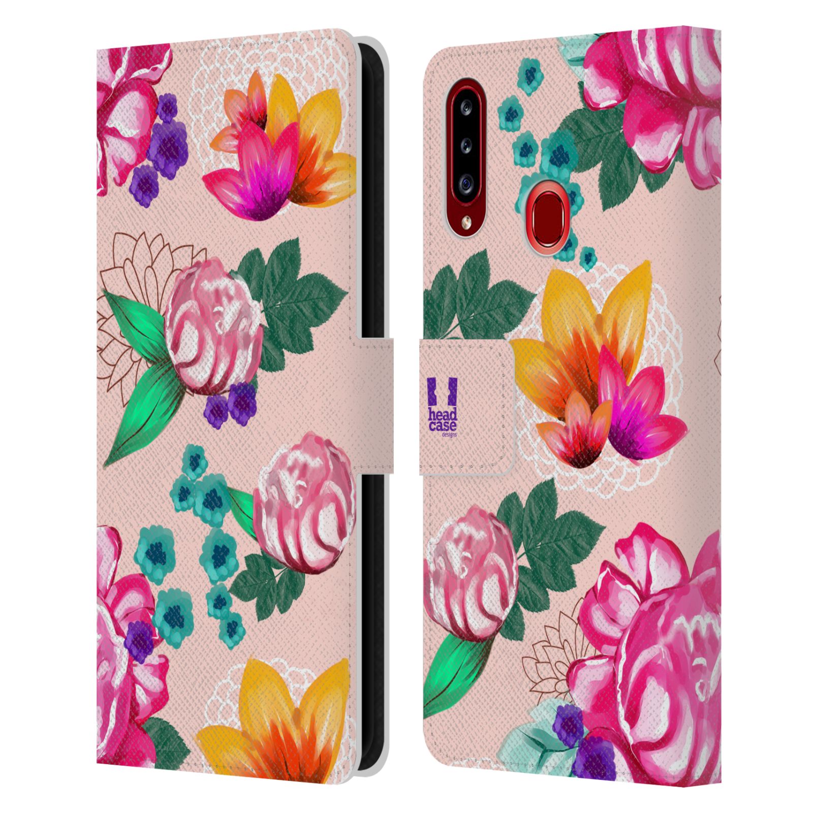 HEAD CASE Flipové pouzdro pro mobil Samsung Galaxy A20s barevné kreslené květiny růžová