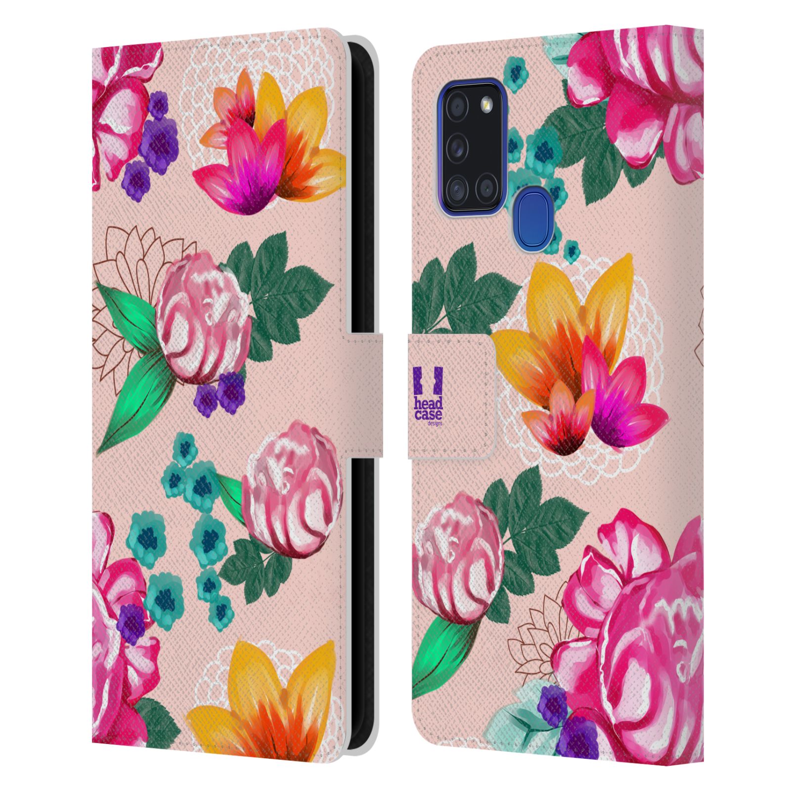 HEAD CASE Flipové pouzdro pro mobil Samsung Galaxy A21s barevné kreslené květiny růžová