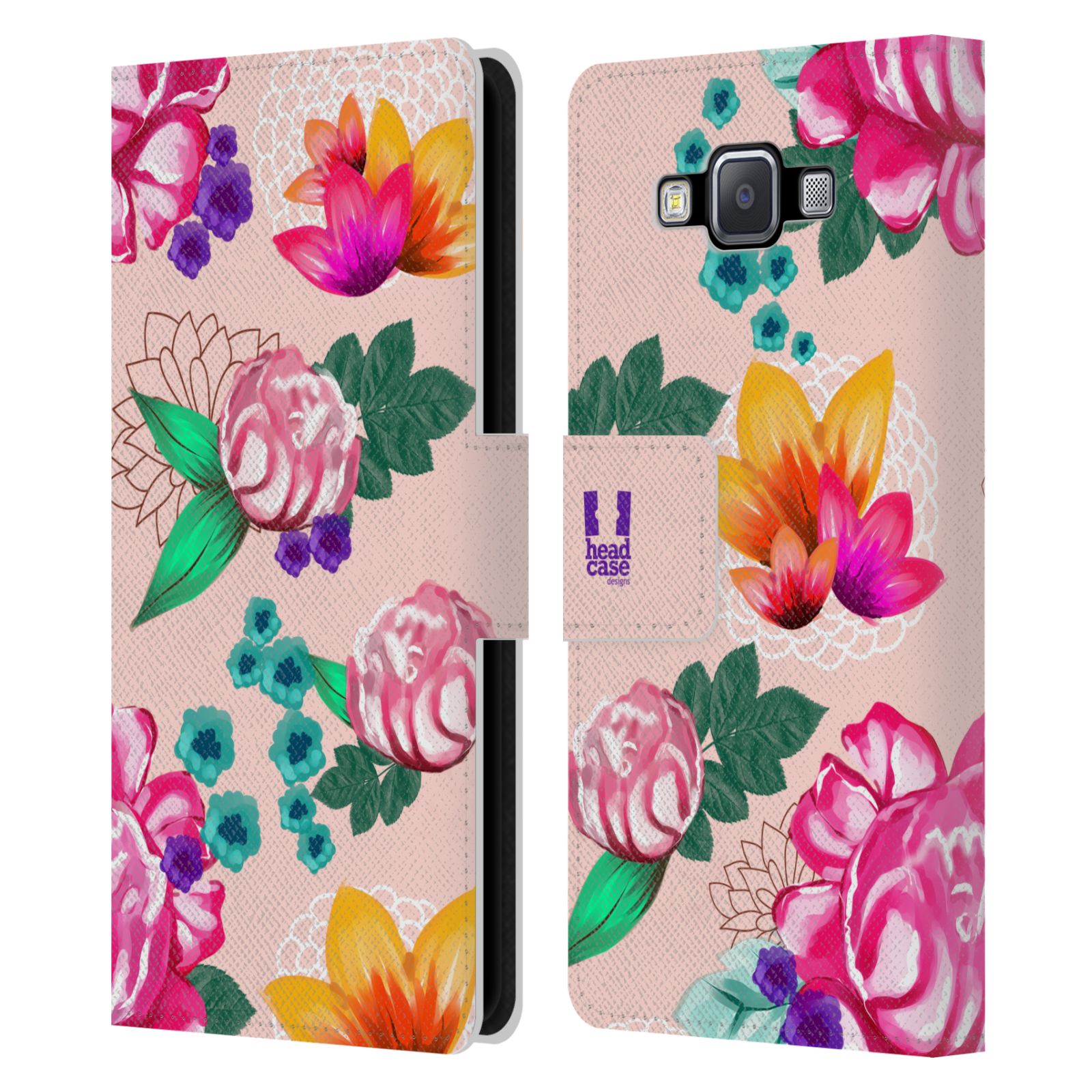 HEAD CASE Flipové pouzdro pro mobil Samsung Galaxy A5 barevné kreslené květiny růžová