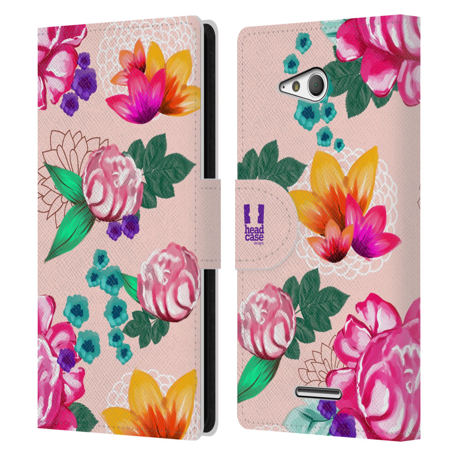 HEAD CASE Flipové pouzdro pro mobil SONY XPERIA E4g barevné kreslené květiny růžová