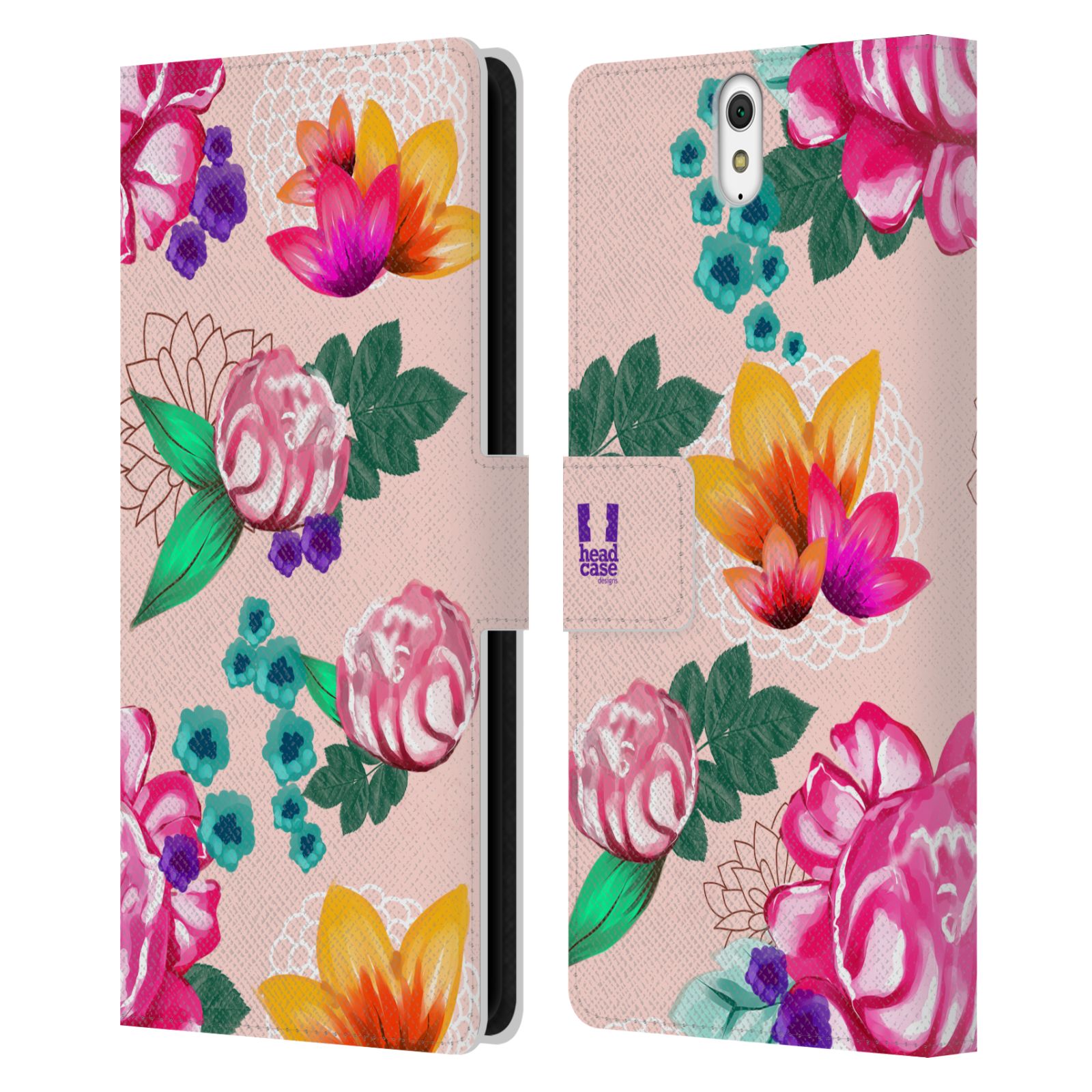 HEAD CASE Flipové pouzdro pro mobil SONY XPERIA C5 Ultra barevné kreslené květiny růžová