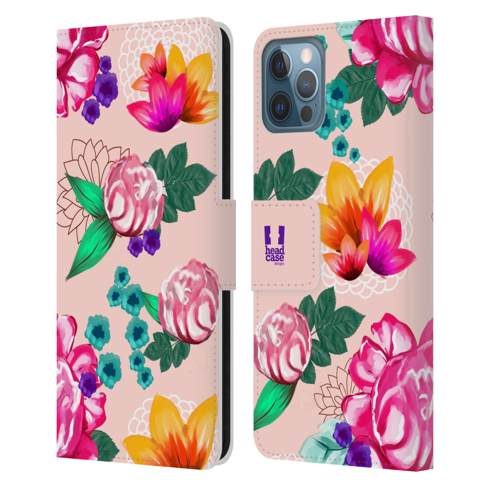 HEAD CASE Flipové pouzdro pro mobil Apple Iphone 12 / Iphone 12 PRO barevné kreslené květiny růžová