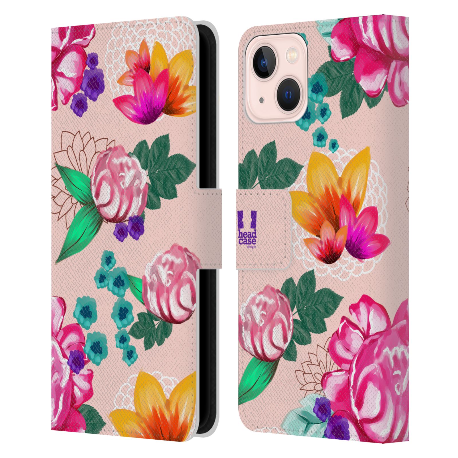 Pouzdro HEAD CASE na mobil Apple Iphone 13 barevné kreslené květiny růžová