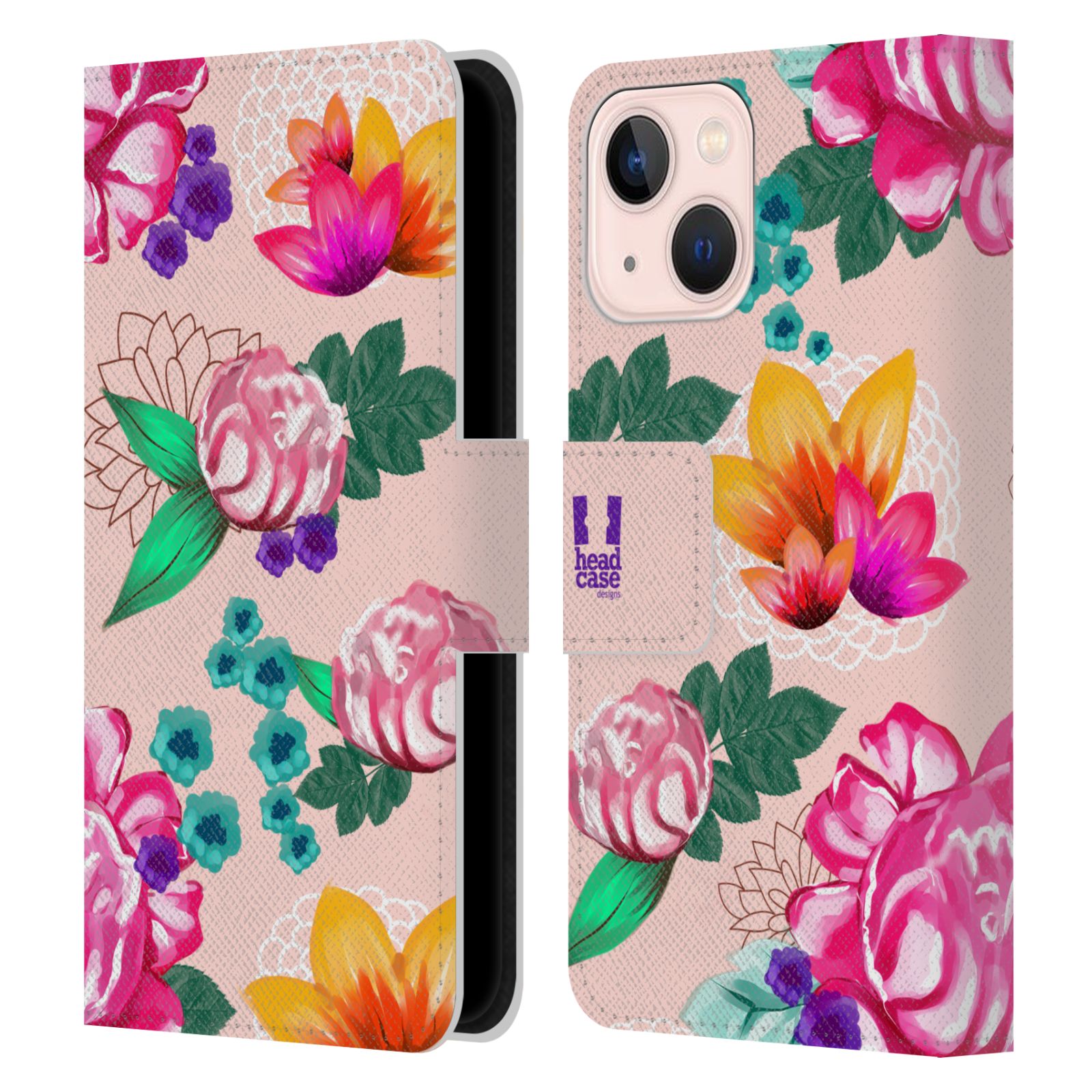 Pouzdro HEAD CASE na mobil Apple Iphone 13 MINI barevné kreslené květiny růžová