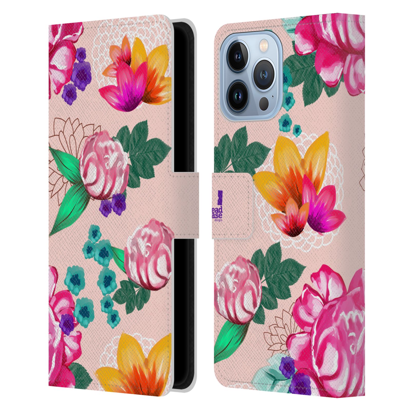 Pouzdro HEAD CASE na mobil Apple Iphone 13 PRO MAX barevné kreslené květiny růžová
