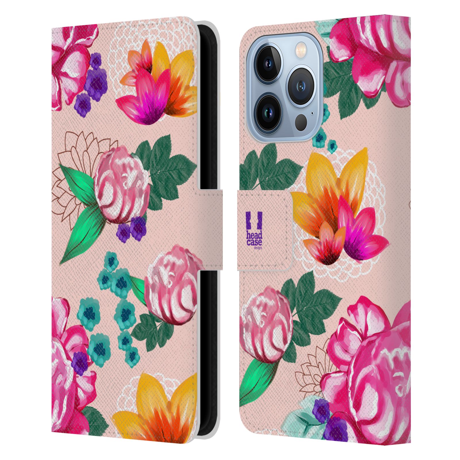 Pouzdro HEAD CASE na mobil Apple Iphone 13 PRO barevné kreslené květiny růžová