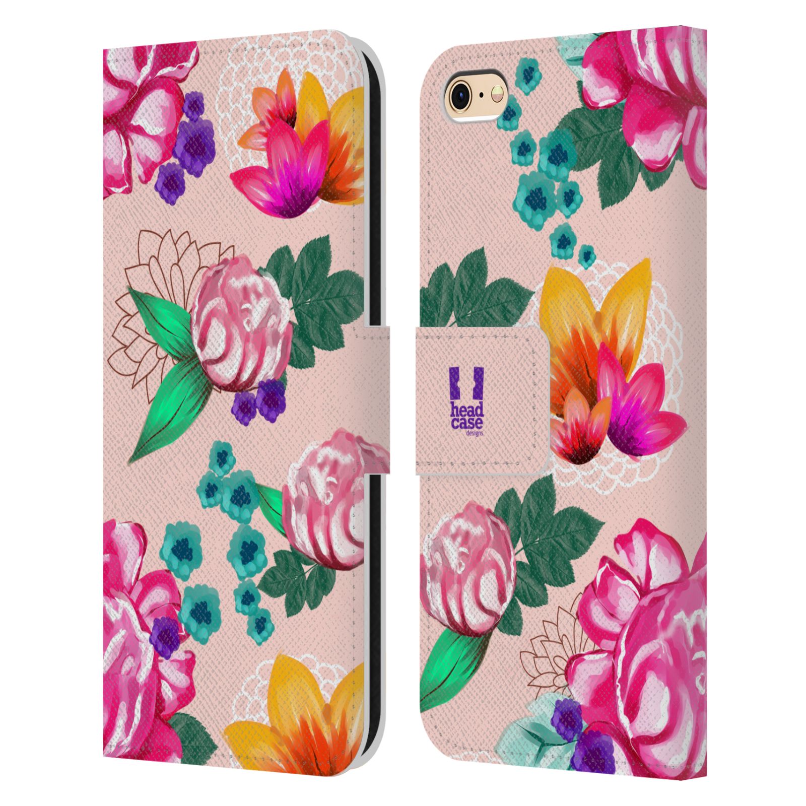 HEAD CASE Flipové pouzdro pro mobil Apple Iphone 6/6s barevné kreslené květiny růžová