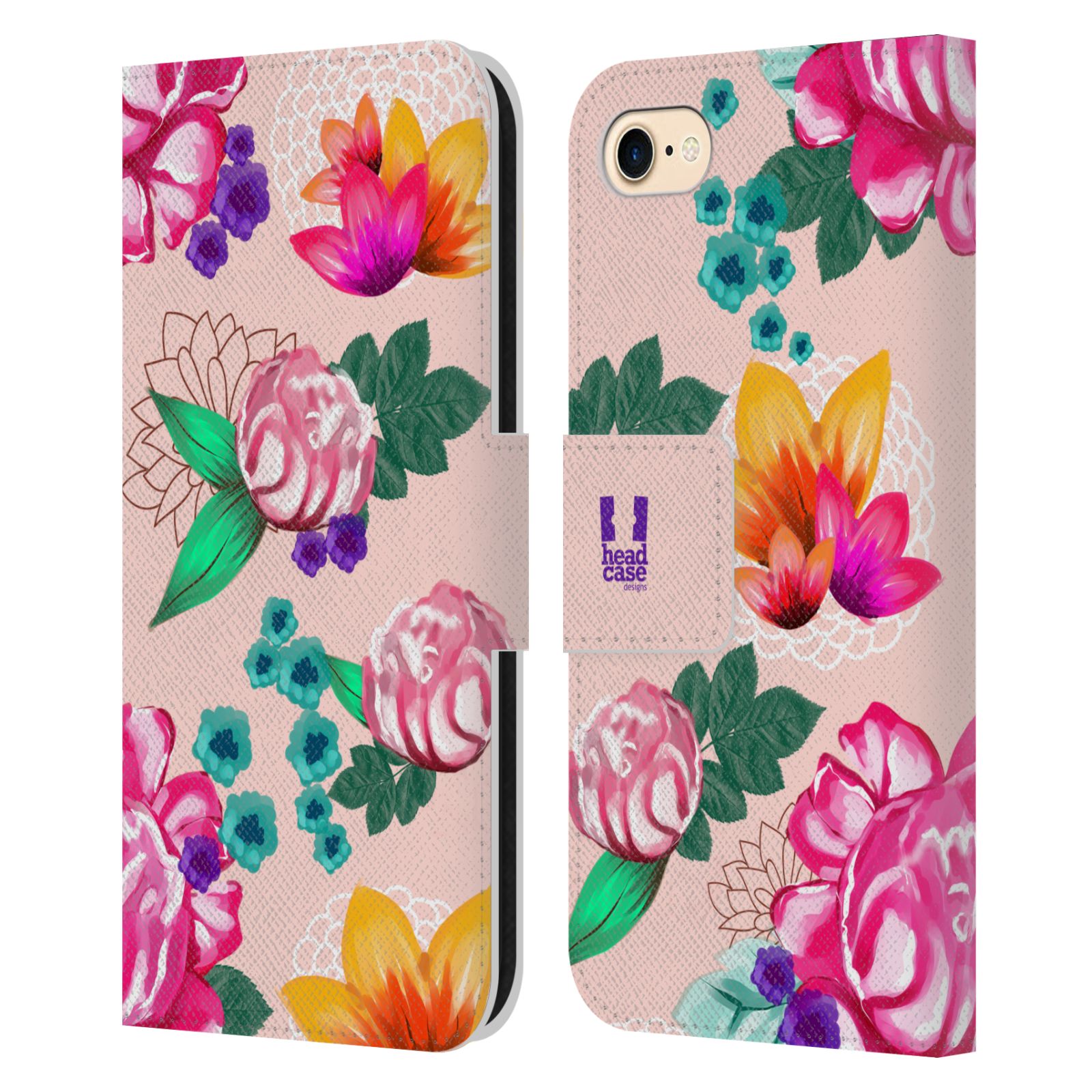 HEAD CASE Flipové pouzdro pro mobil Apple Iphone 7/8/SE 2020 barevné kreslené květiny růžová