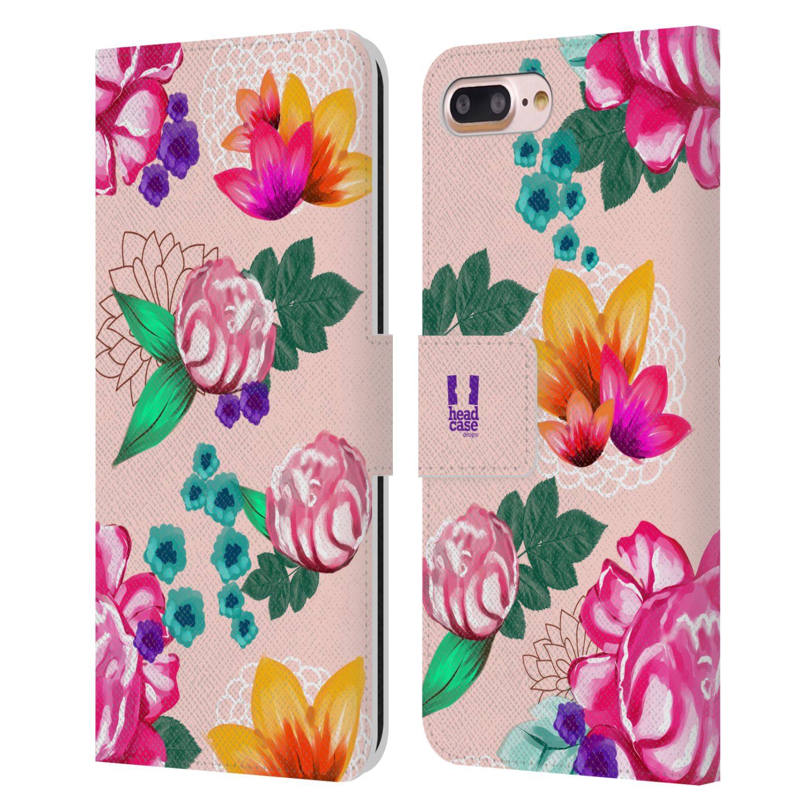 HEAD CASE Flipové pouzdro pro mobil Apple Iphone 7 PLUS / 8 PLUS barevné kreslené květiny růžová