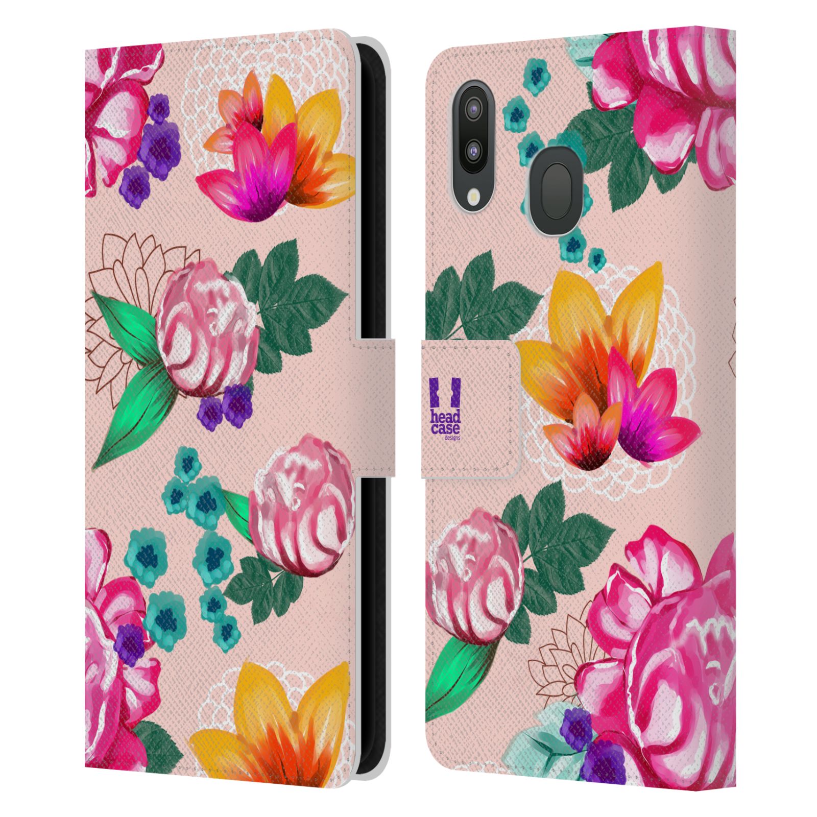 Pouzdro na mobil Samsung Galaxy M20 barevné kreslené květiny růžová
