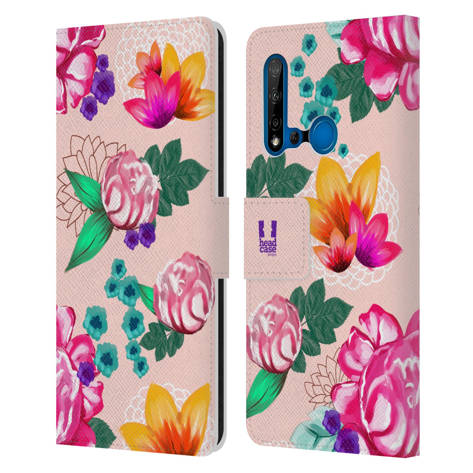 Pouzdro na mobil Huawei P20 LITE 2019 barevné kreslené květiny růžová