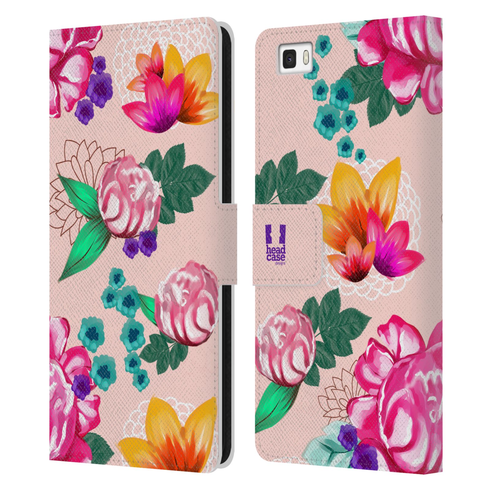 HEAD CASE Flipové pouzdro pro mobil Huawei P8 LITE barevné kreslené květiny růžová