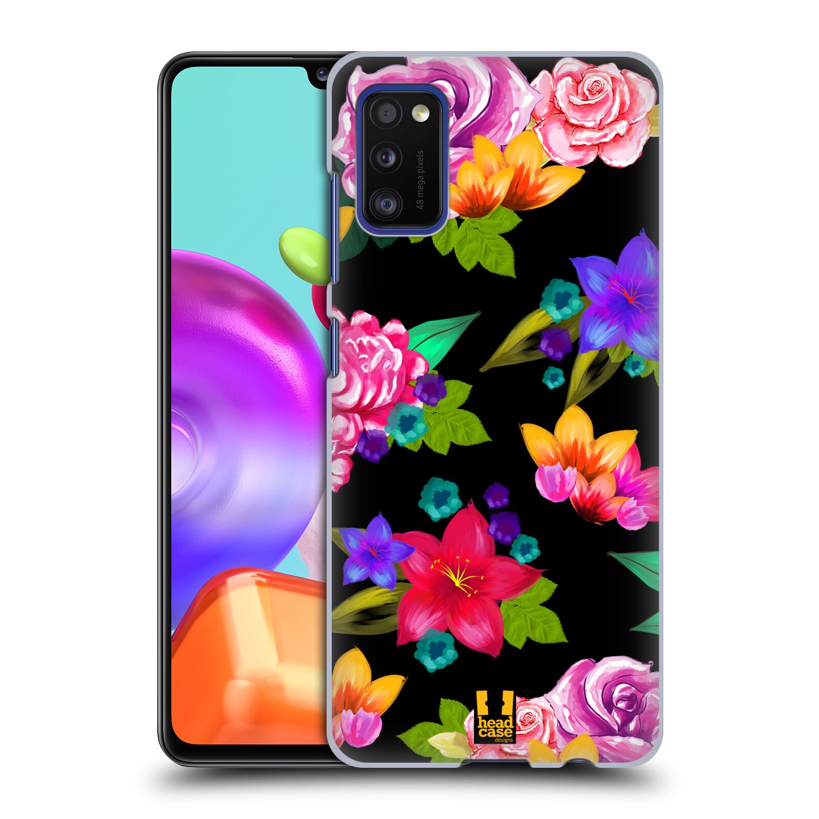 Zadní kryt na mobil Samsung Galaxy A41 vzor Malované květiny barevné ČERNÁ