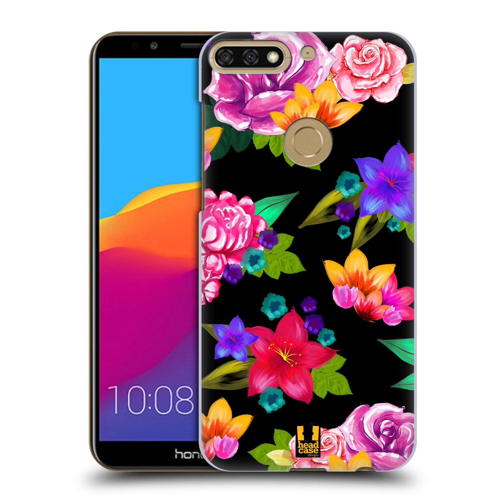 HEAD CASE plastový obal na mobil Honor 7c vzor Malované květiny barevné ČERNÁ