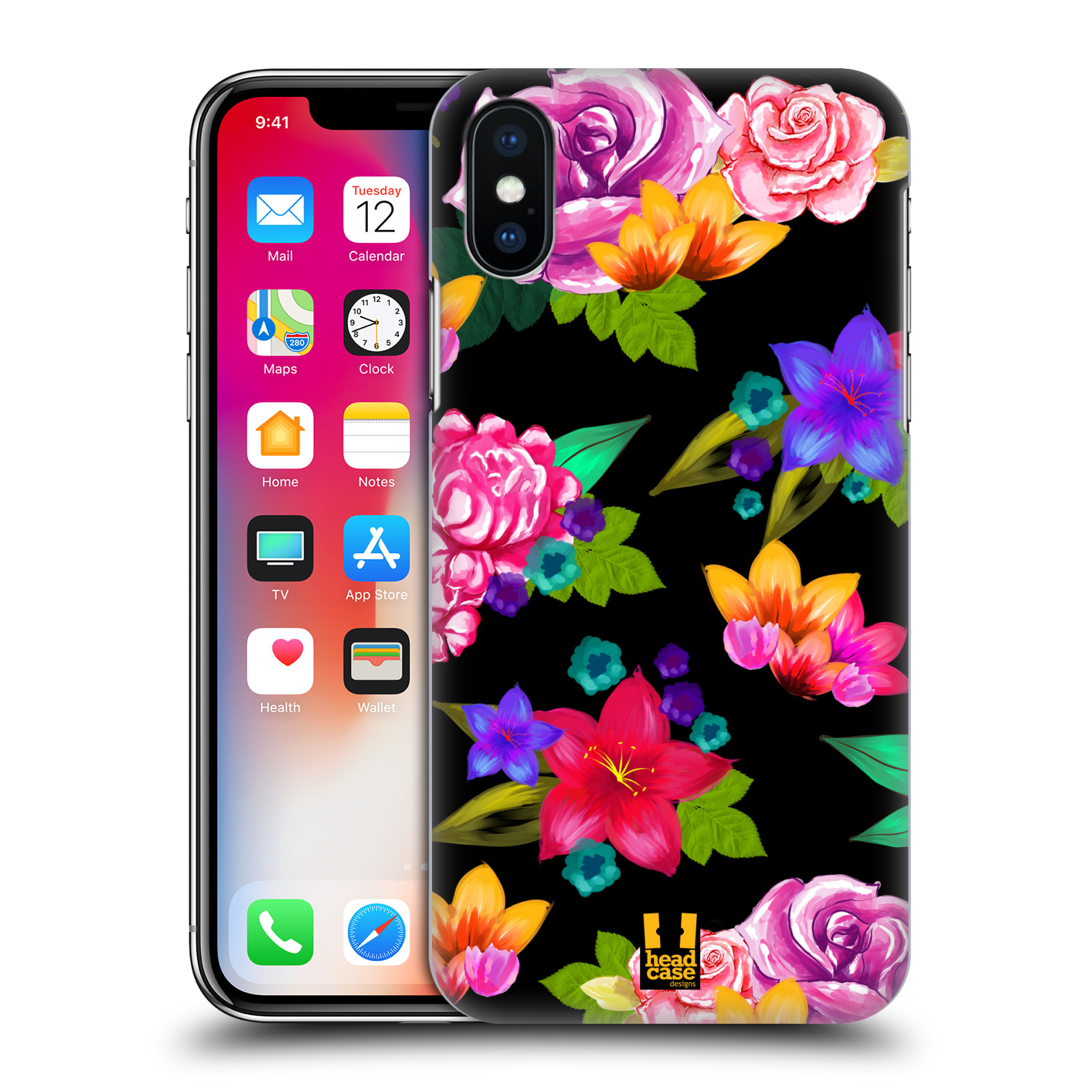 HEAD CASE plastový obal na mobil Apple Iphone X / XS vzor Malované květiny barevné ČERNÁ