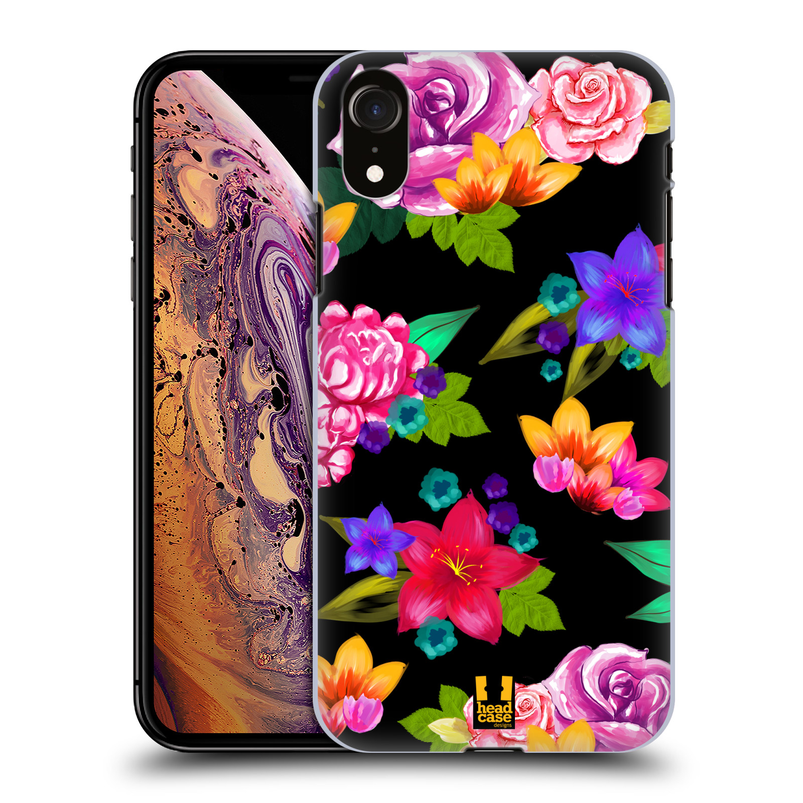 HEAD CASE plastový obal na mobil Apple Iphone XR vzor Malované květiny barevné ČERNÁ