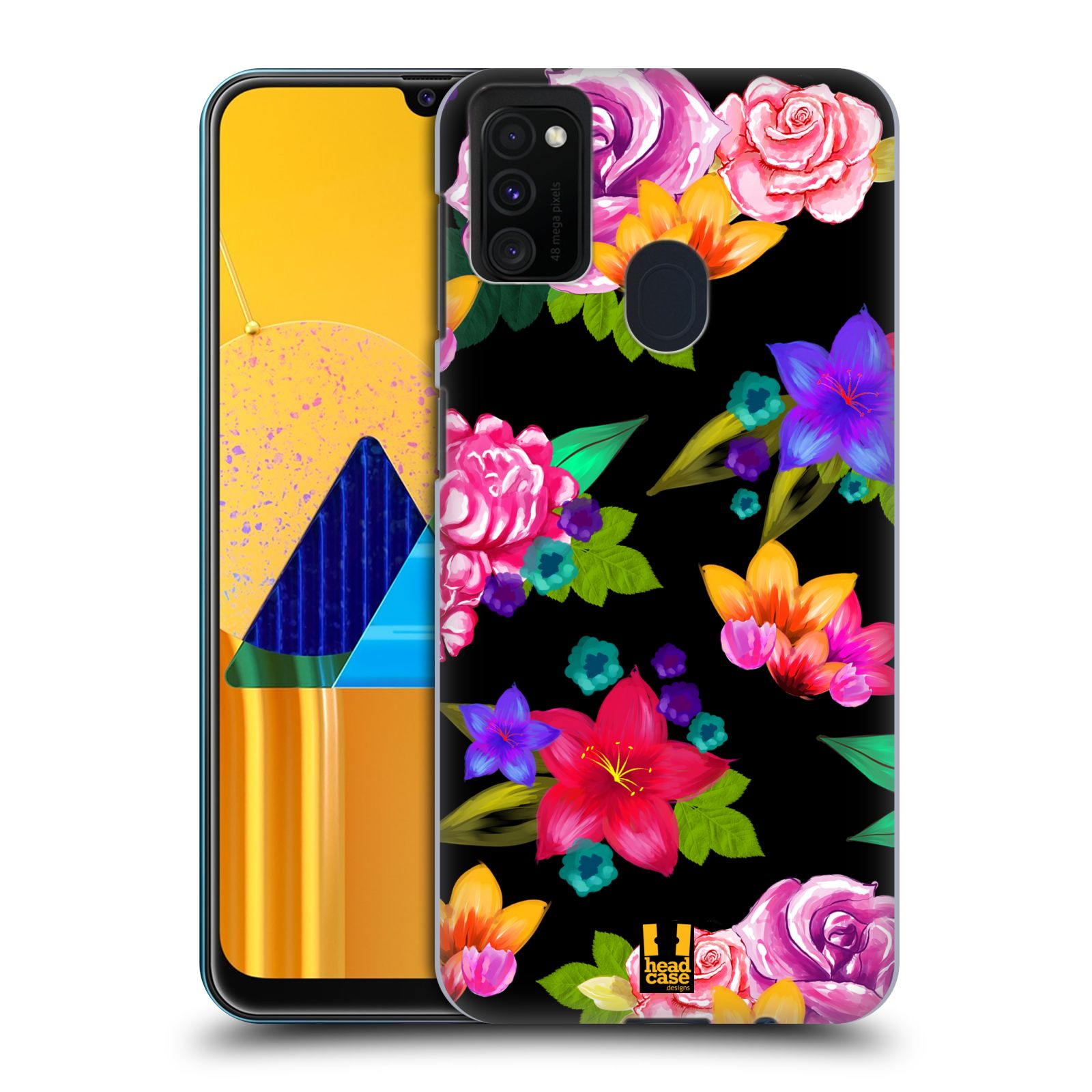Zadní kryt na mobil Samsung Galaxy M21 vzor Malované květiny barevné ČERNÁ
