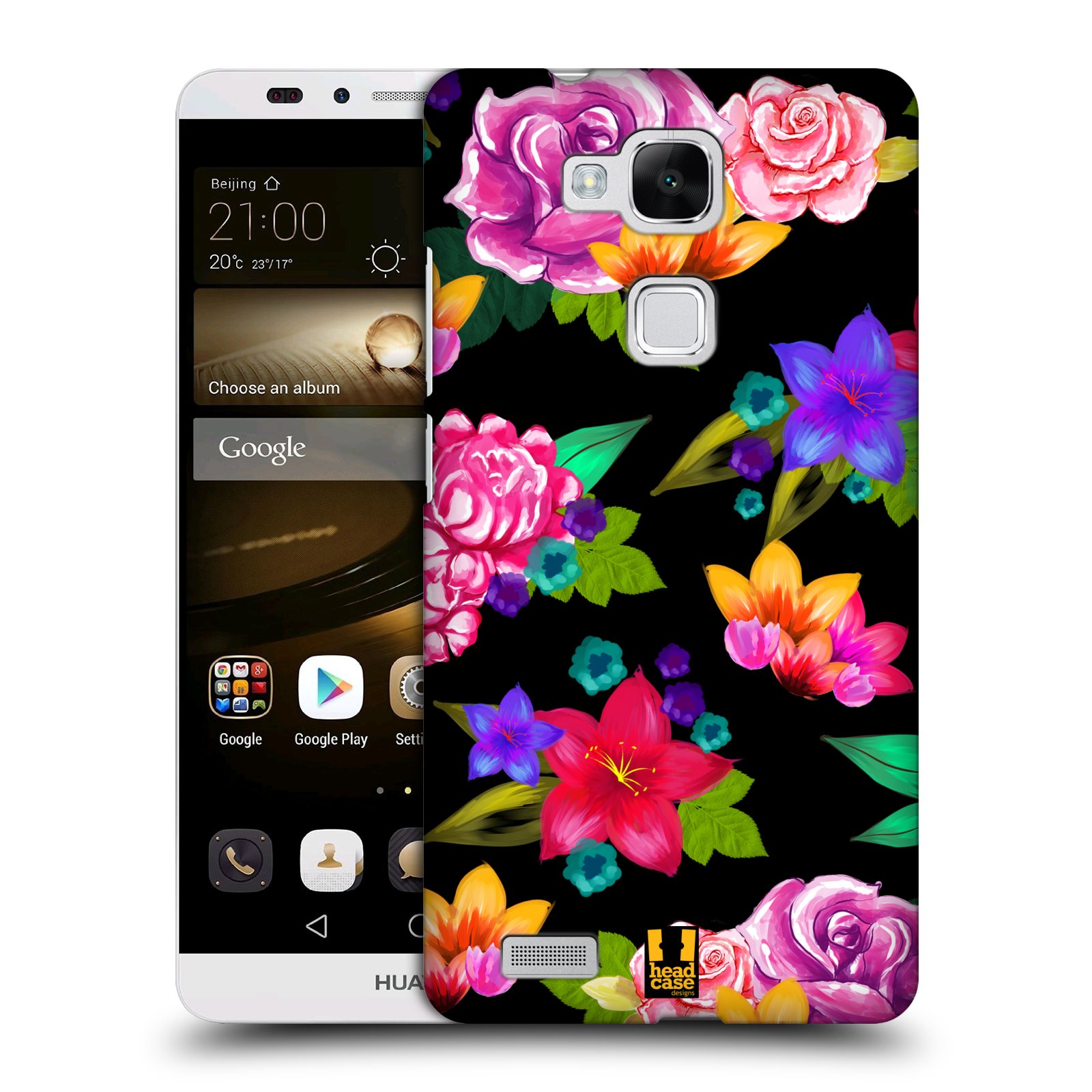 HEAD CASE plastový obal na mobil Huawei Mate 7 vzor Malované květiny barevné ČERNÁ