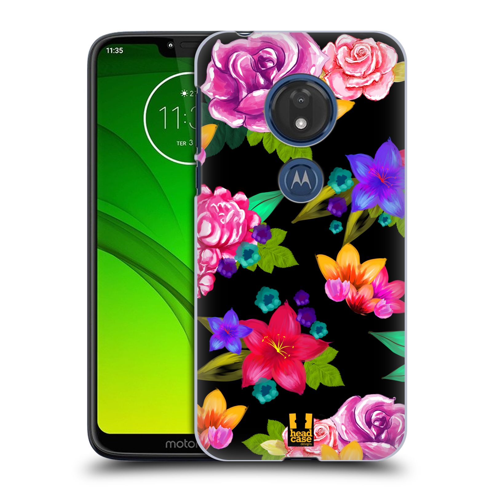 Pouzdro na mobil Motorola Moto G7 Play vzor Malované květiny barevné ČERNÁ