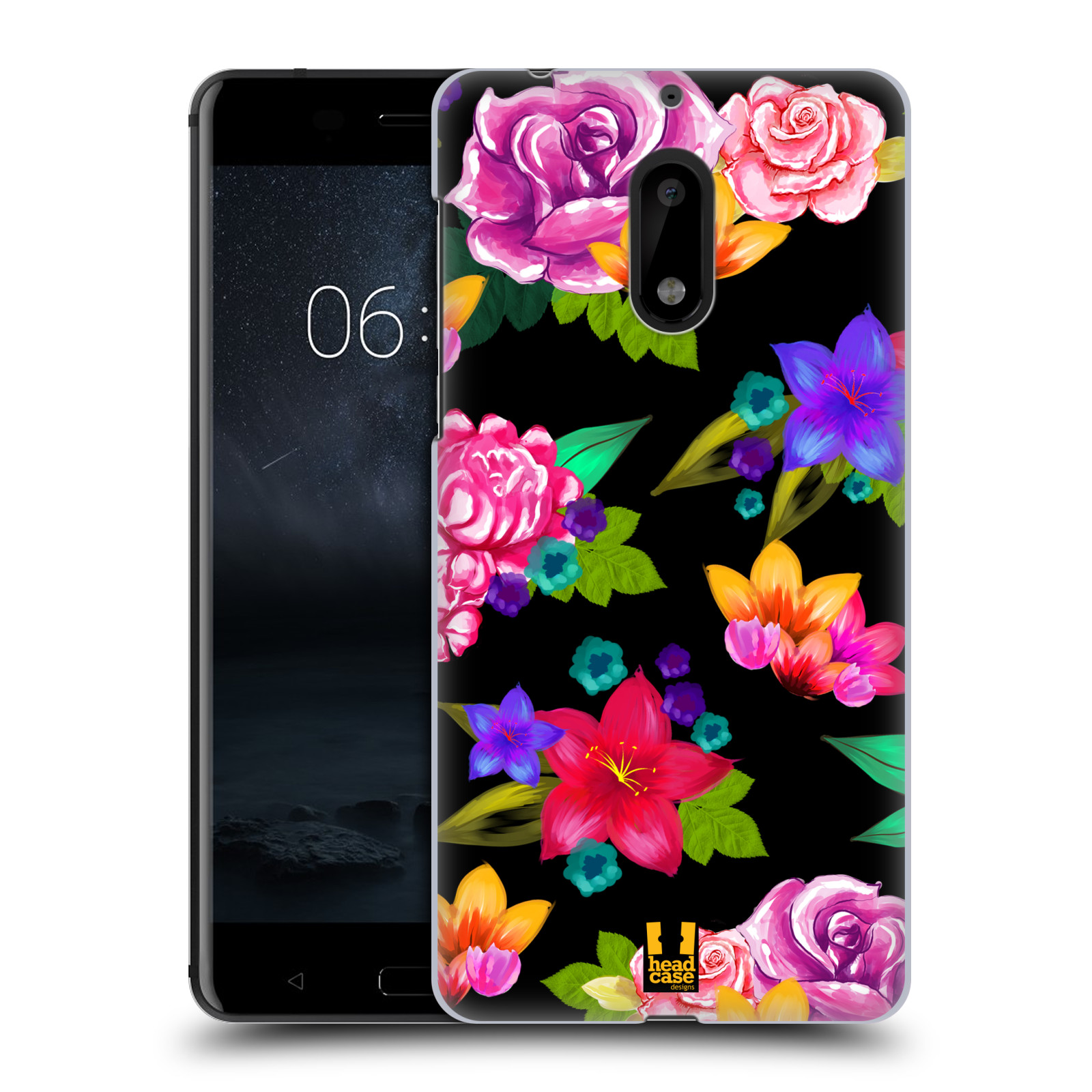 HEAD CASE plastový obal na mobil Nokia 6 vzor Malované květiny barevné ČERNÁ
