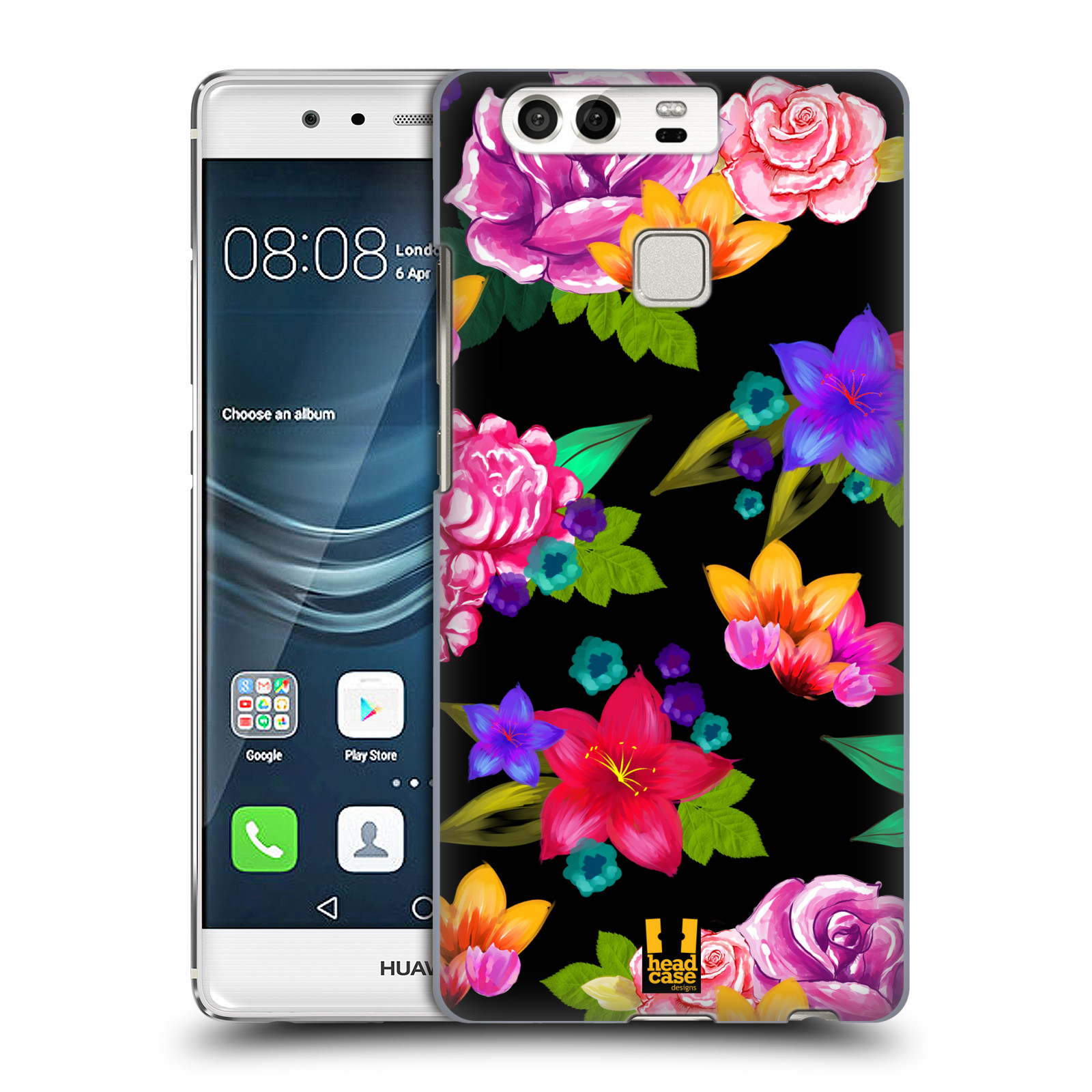 HEAD CASE plastový obal na mobil Huawei P9 / P9 DUAL SIM vzor Malované květiny barevné ČERNÁ