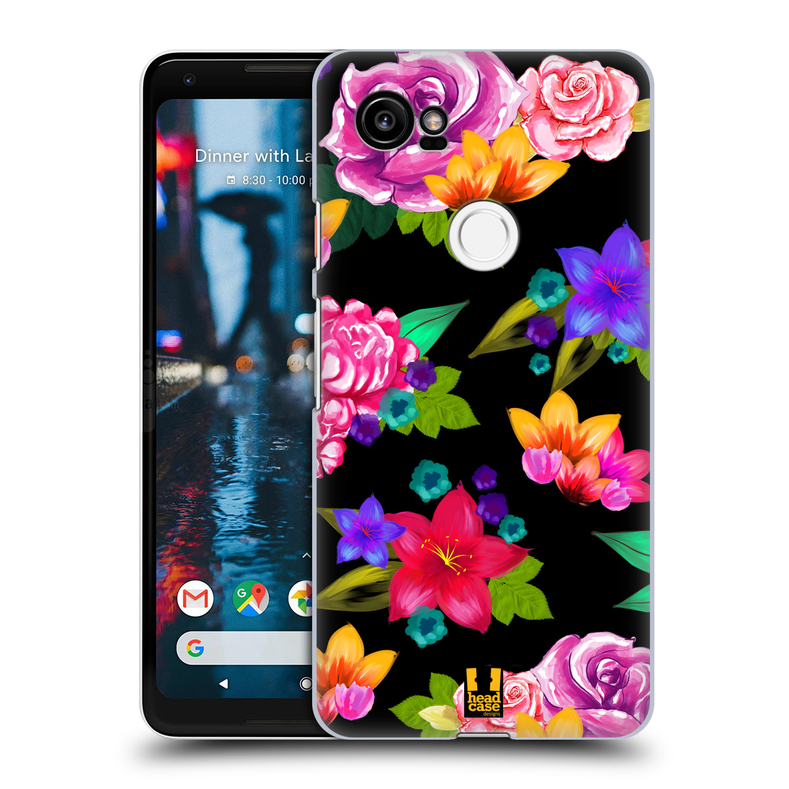 HEAD CASE plastový obal na mobil Google Pixel 2 XL vzor Malované květiny barevné ČERNÁ