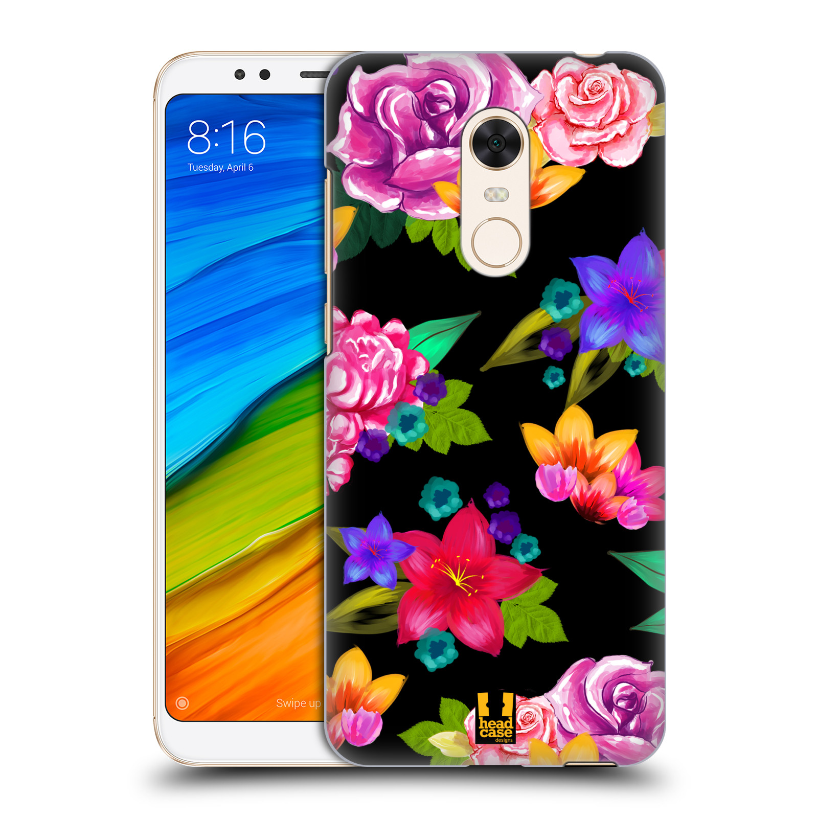 HEAD CASE plastový obal na mobil Xiaomi Redmi 5 PLUS vzor Malované květiny barevné ČERNÁ