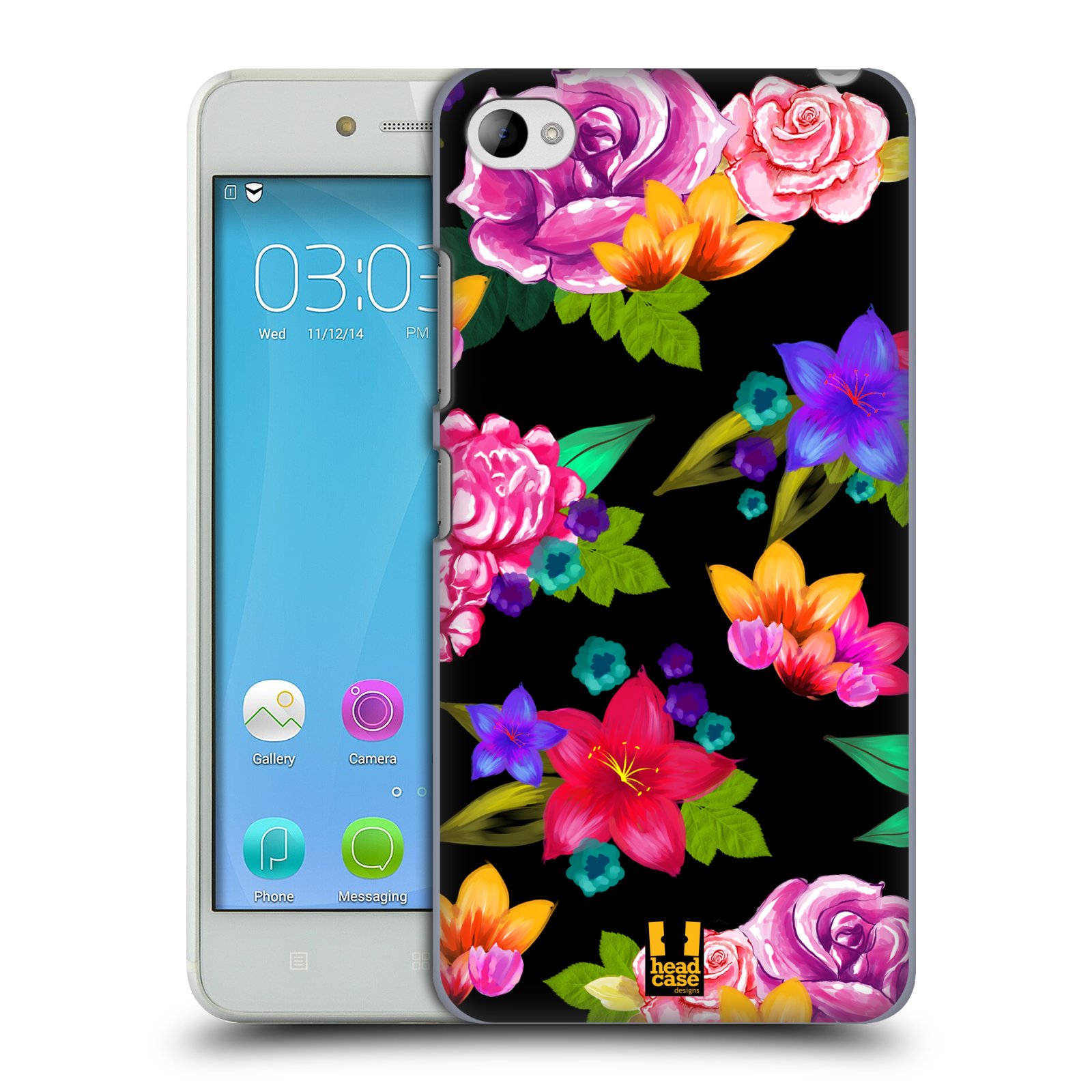 HEAD CASE pevný plastový obal na mobil LENOVO S90 vzor Malované květiny barevné ČERNÁ