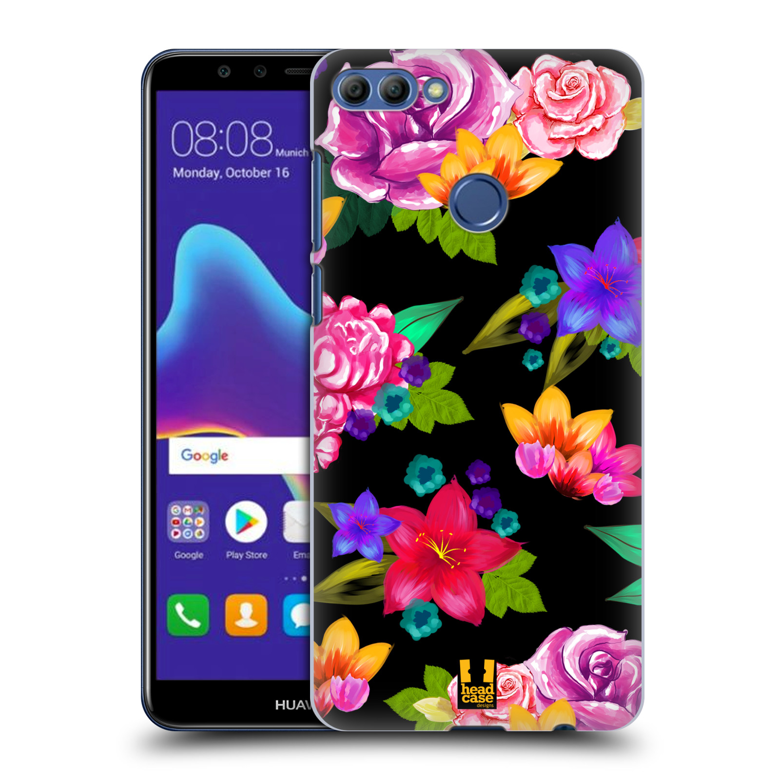 HEAD CASE plastový obal na mobil Huawei Y9 2018 vzor Malované květiny barevné ČERNÁ