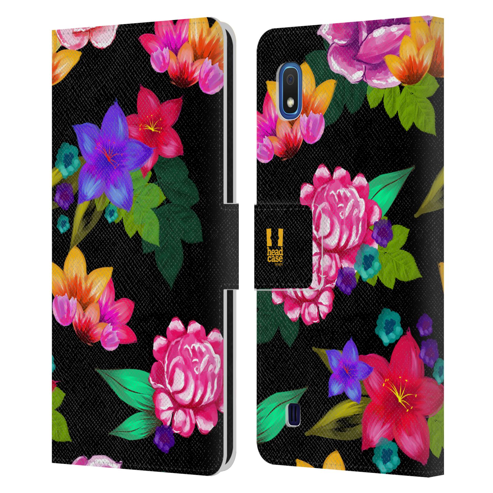 Pouzdro na mobil Samsung Galaxy A10 barevné kreslené květiny černá