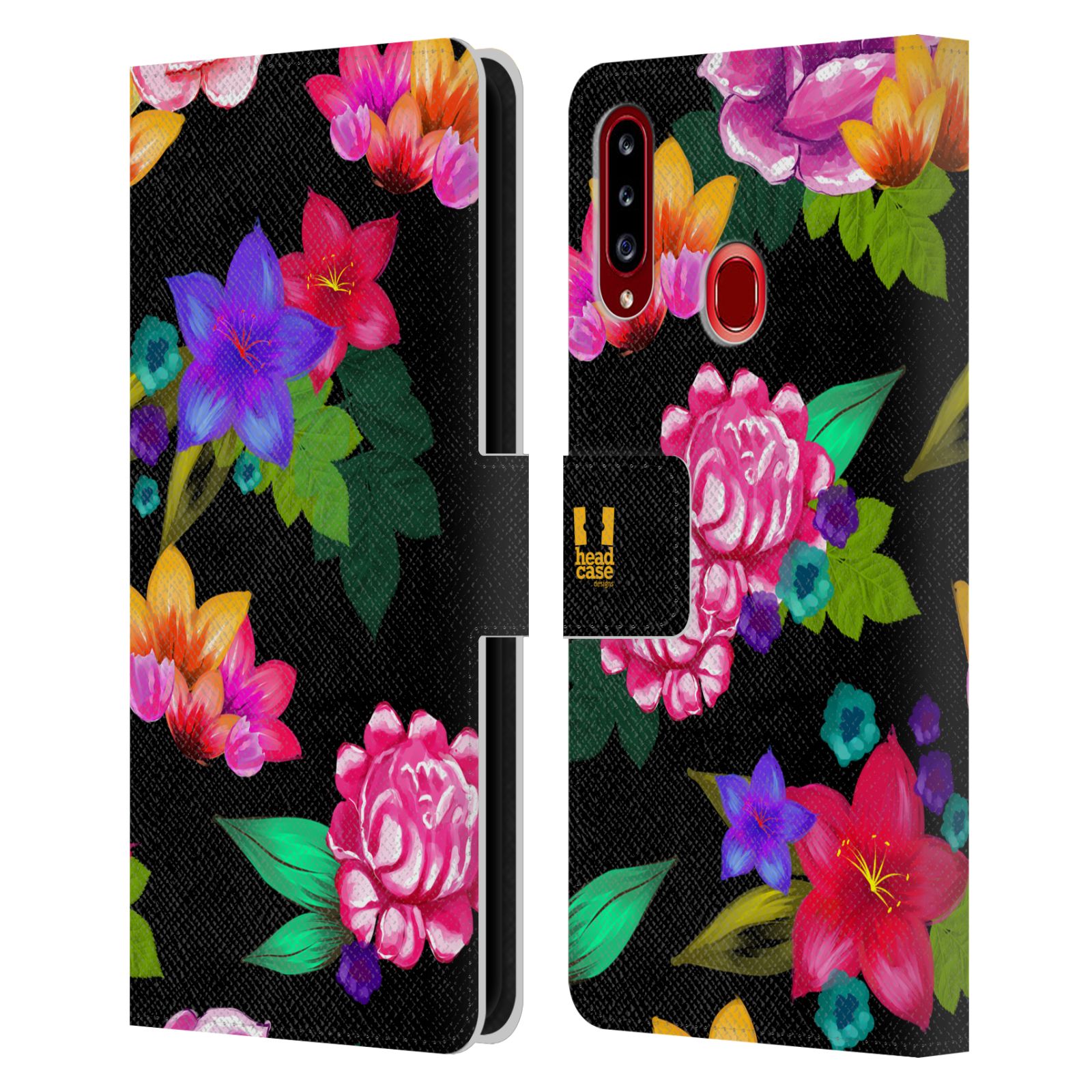 HEAD CASE Flipové pouzdro pro mobil Samsung Galaxy A20s barevné kreslené květiny černá