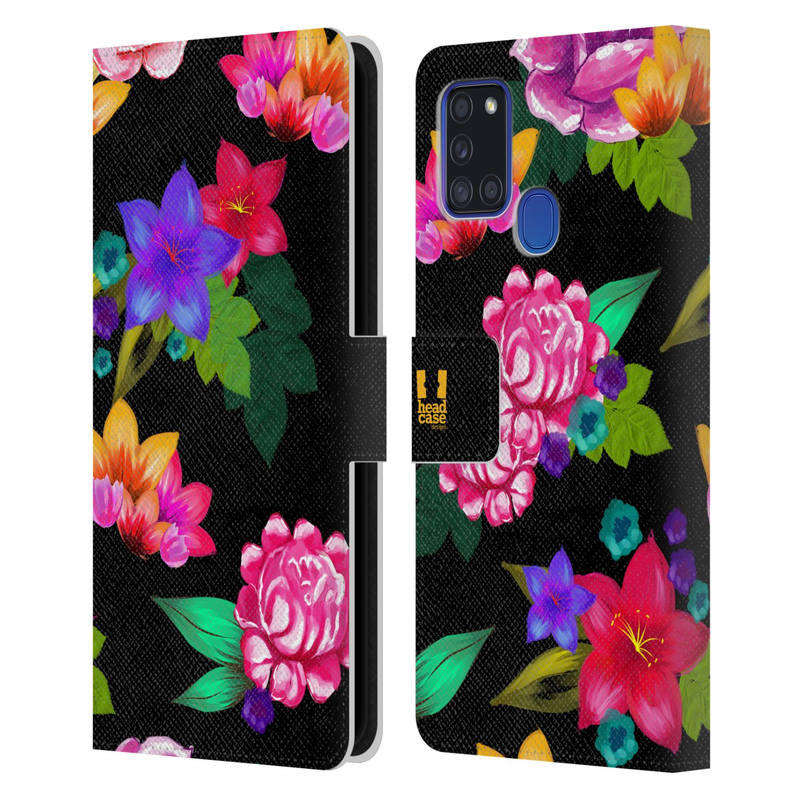 HEAD CASE Flipové pouzdro pro mobil Samsung Galaxy A21s barevné kreslené květiny černá