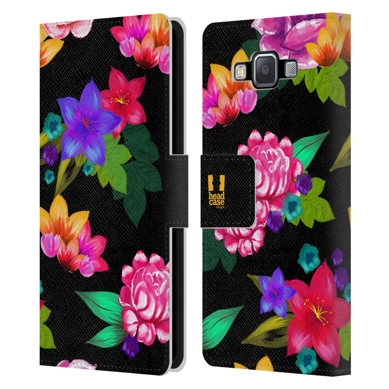 HEAD CASE Flipové pouzdro pro mobil Samsung Galaxy A5 barevné kreslené květiny černá