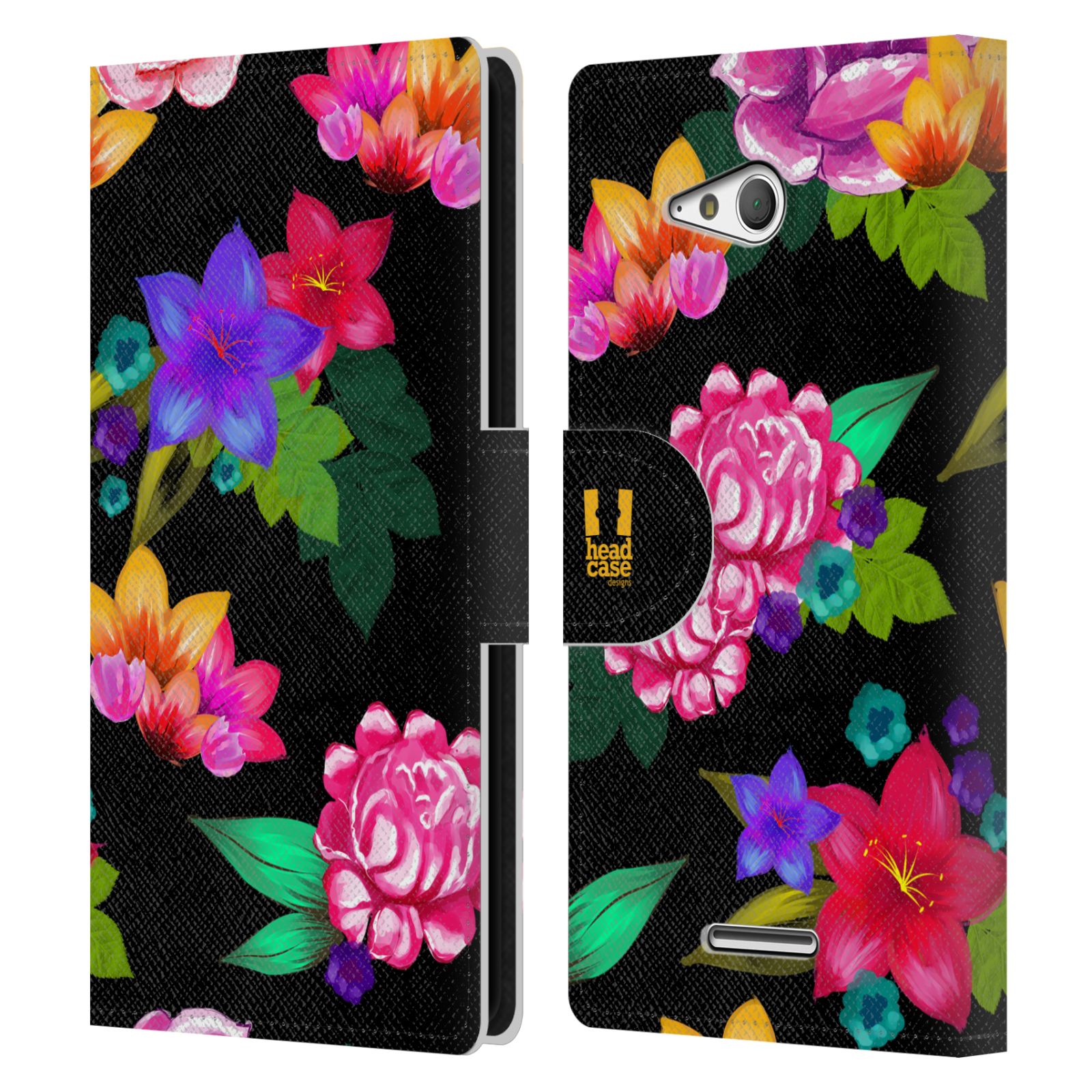 HEAD CASE Flipové pouzdro pro mobil SONY XPERIA E4g barevné kreslené květiny černá