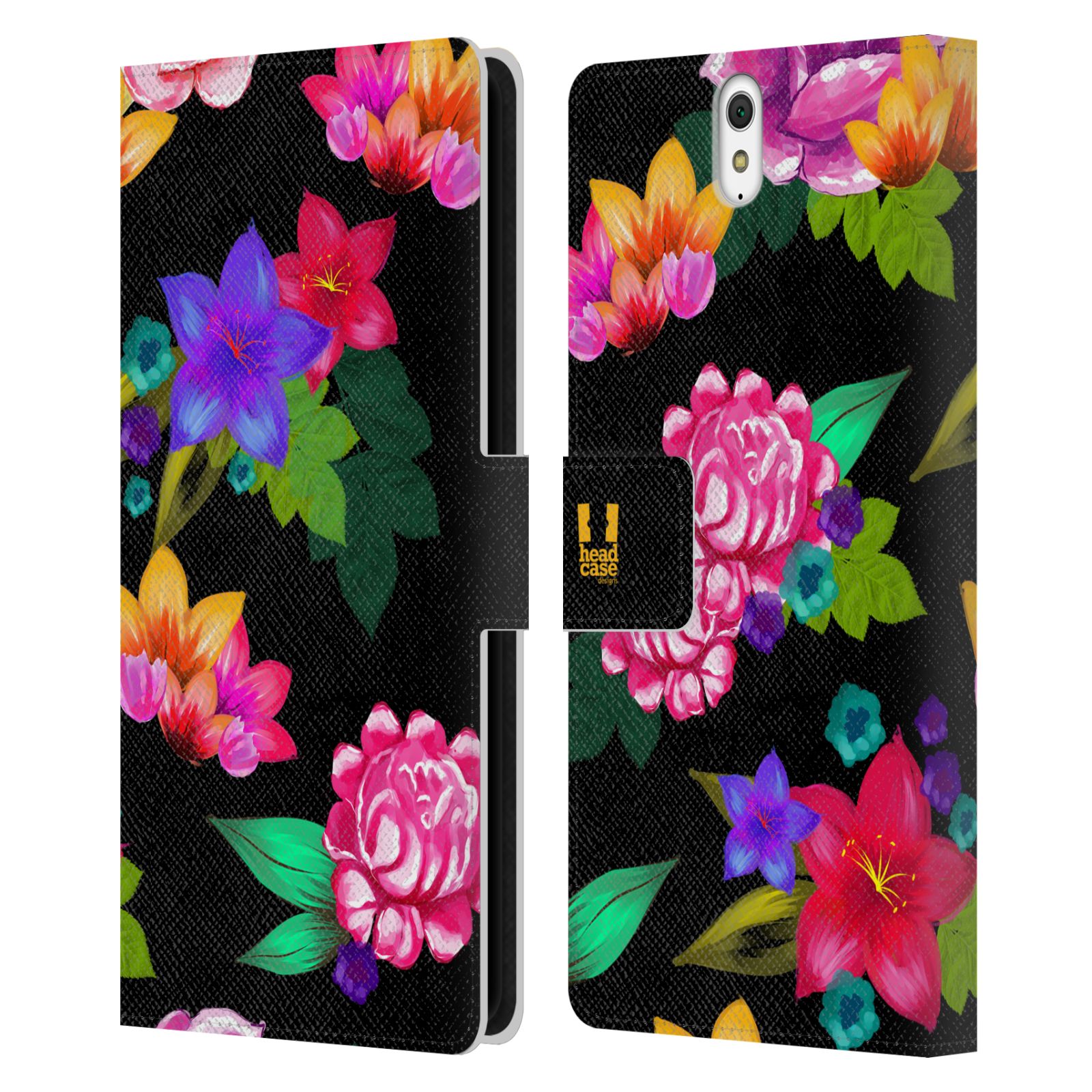 HEAD CASE Flipové pouzdro pro mobil SONY XPERIA C5 Ultra barevné kreslené květiny černá