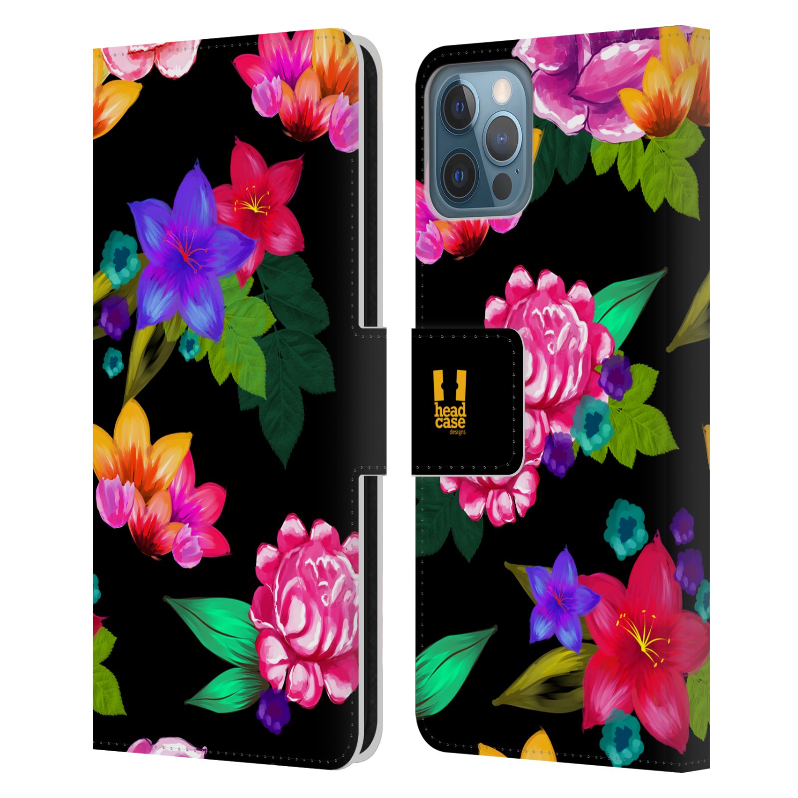 HEAD CASE Flipové pouzdro pro mobil Apple Iphone 12 / Iphone 12 PRO barevné kreslené květiny černá