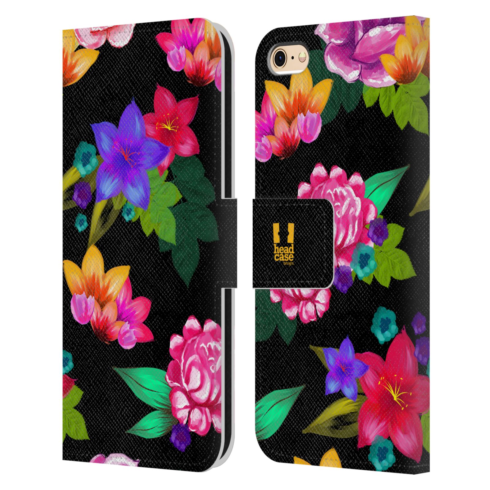 HEAD CASE Flipové pouzdro pro mobil Apple Iphone 6/6s barevné kreslené květiny černá