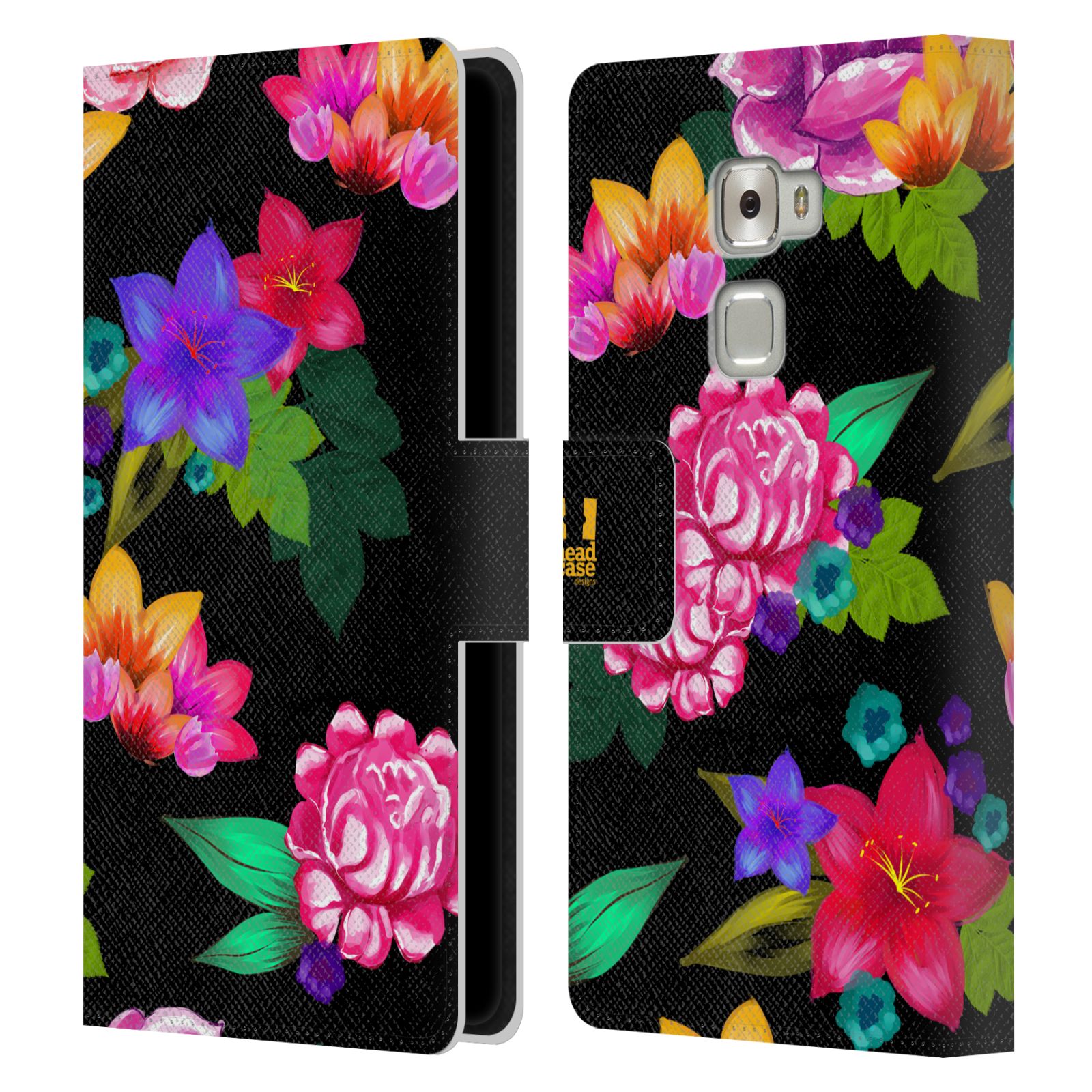 HEAD CASE Flipové pouzdro pro mobil Huawei MATE S barevné kreslené květiny černá