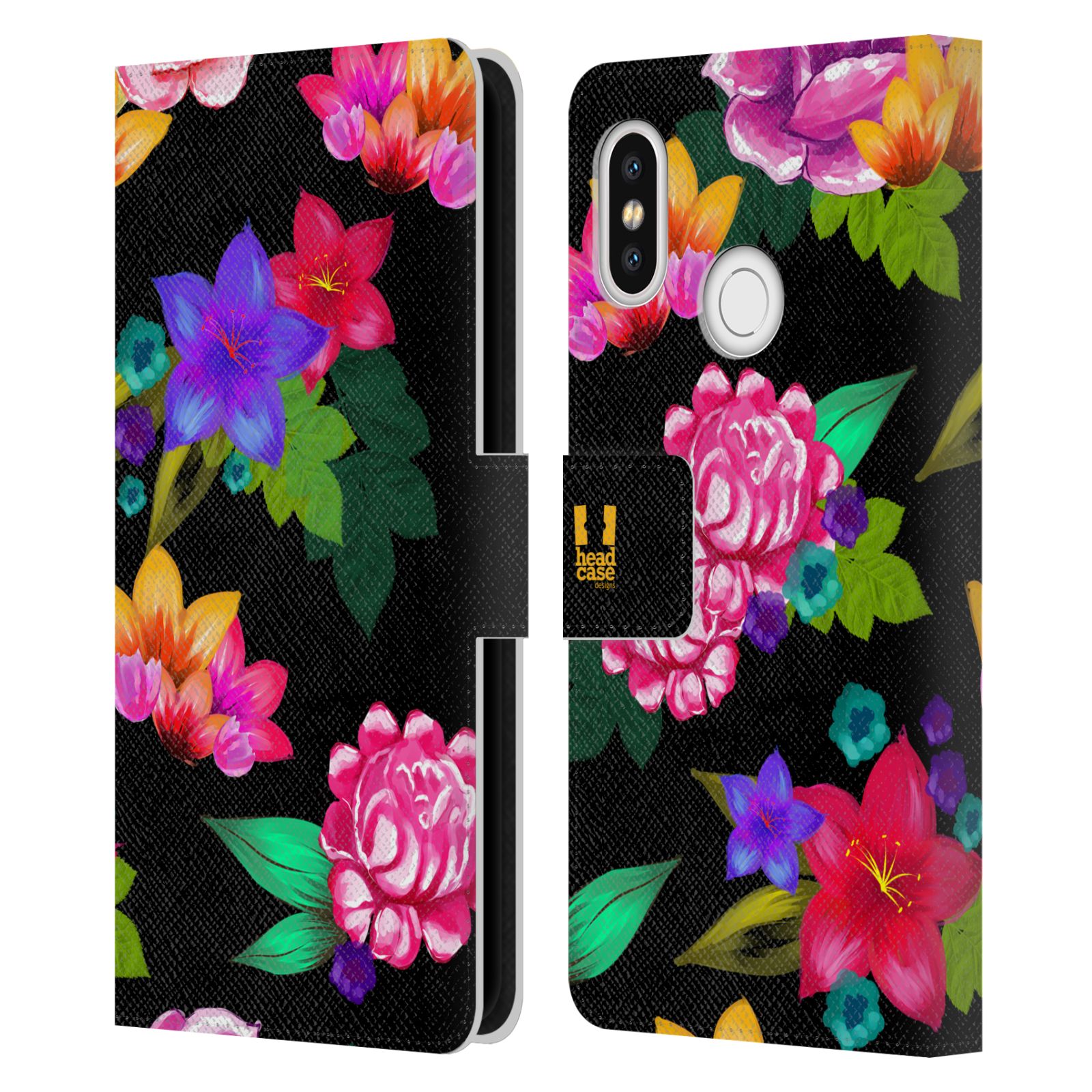 HEAD CASE Flipové pouzdro pro mobil Xiaomi Mi 8 barevné kreslené květiny černá