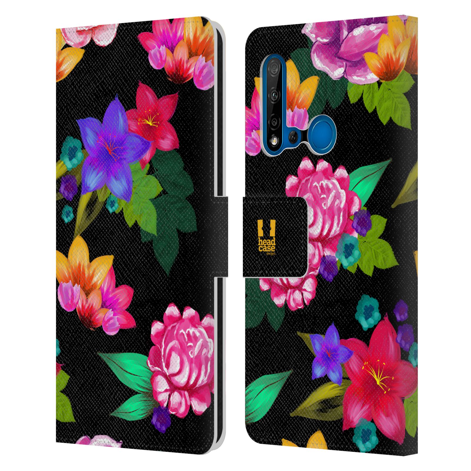 Pouzdro na mobil Huawei P20 LITE 2019 barevné kreslené květiny černá