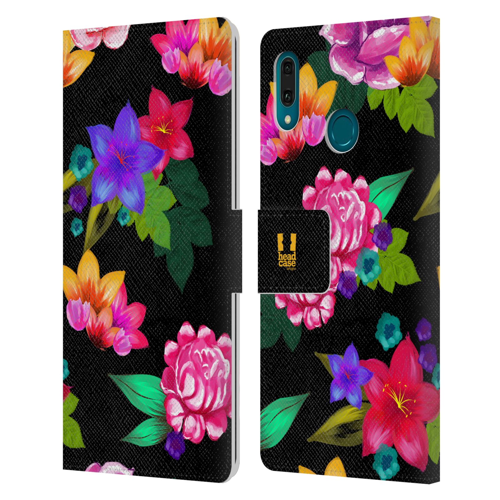 Pouzdro na mobil Huawei Y9 2019 barevné kreslené květiny černá