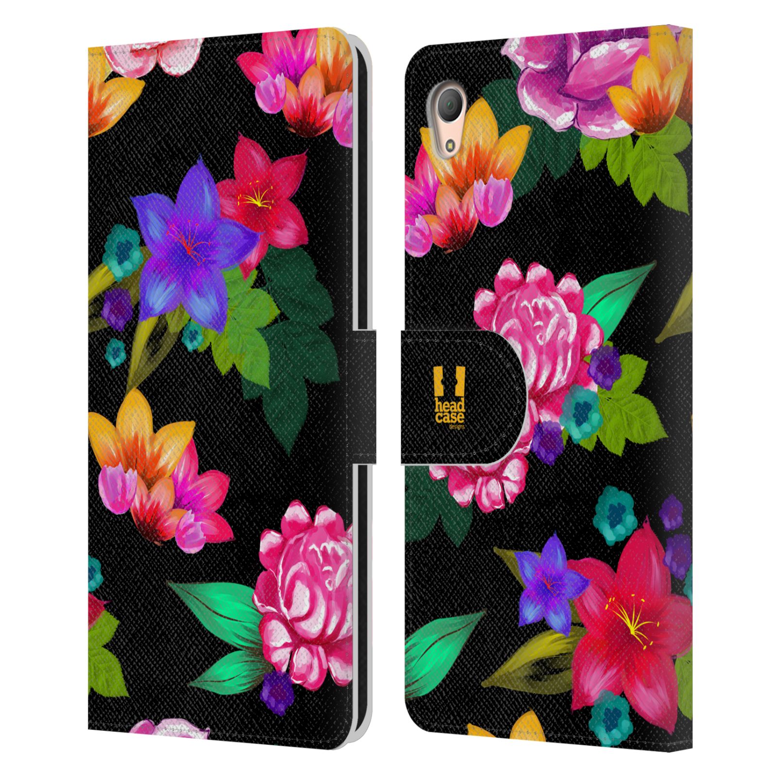 HEAD CASE Flipové pouzdro pro mobil SONY XPERIA Z3+ (PLUS) barevné kreslené květiny černá